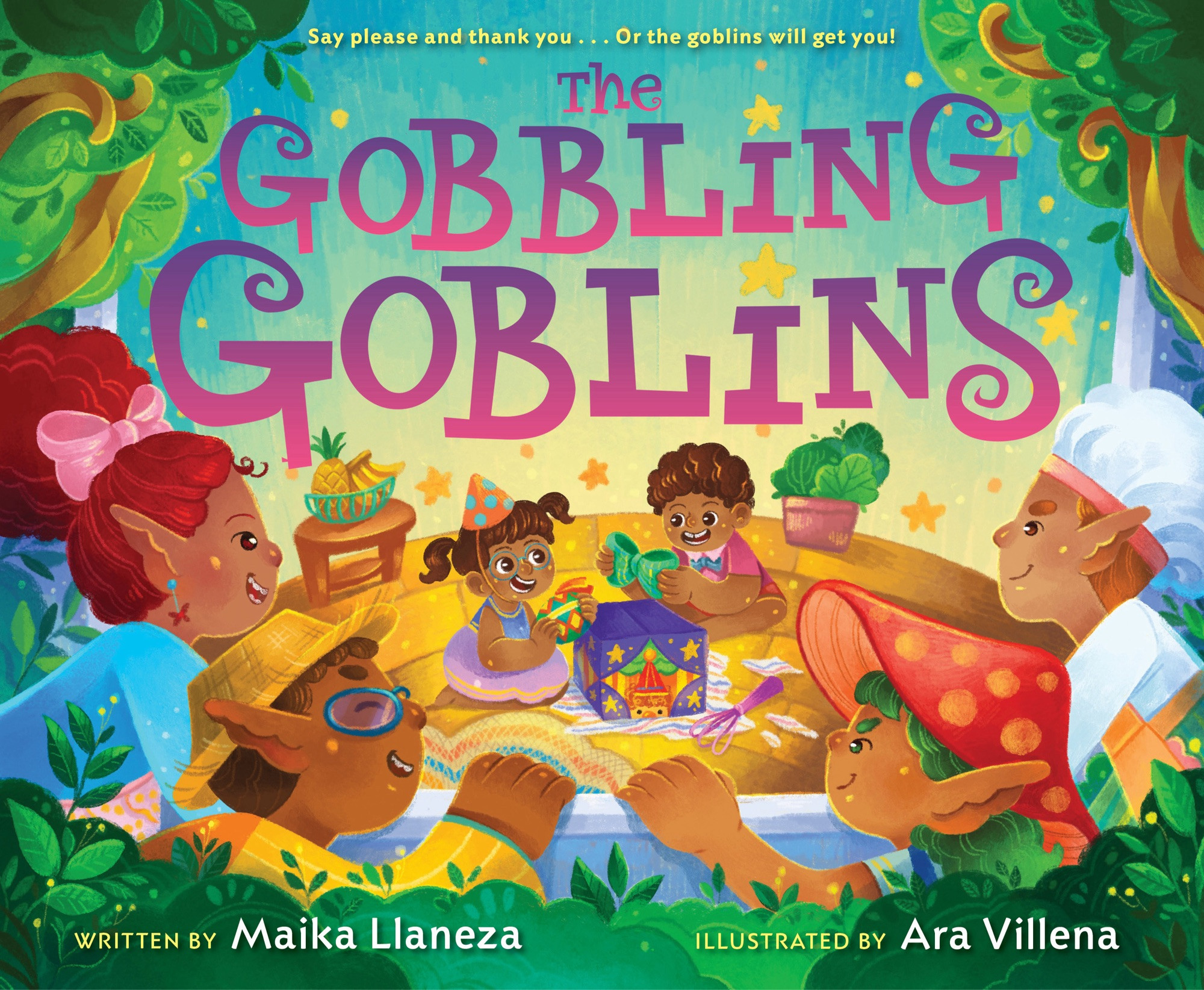 Illustration of four goblins peeking through a window on two kids opening presents. The Gobbling Goblins cover written by Maika Llaneza and illustrated by Ara Villena.