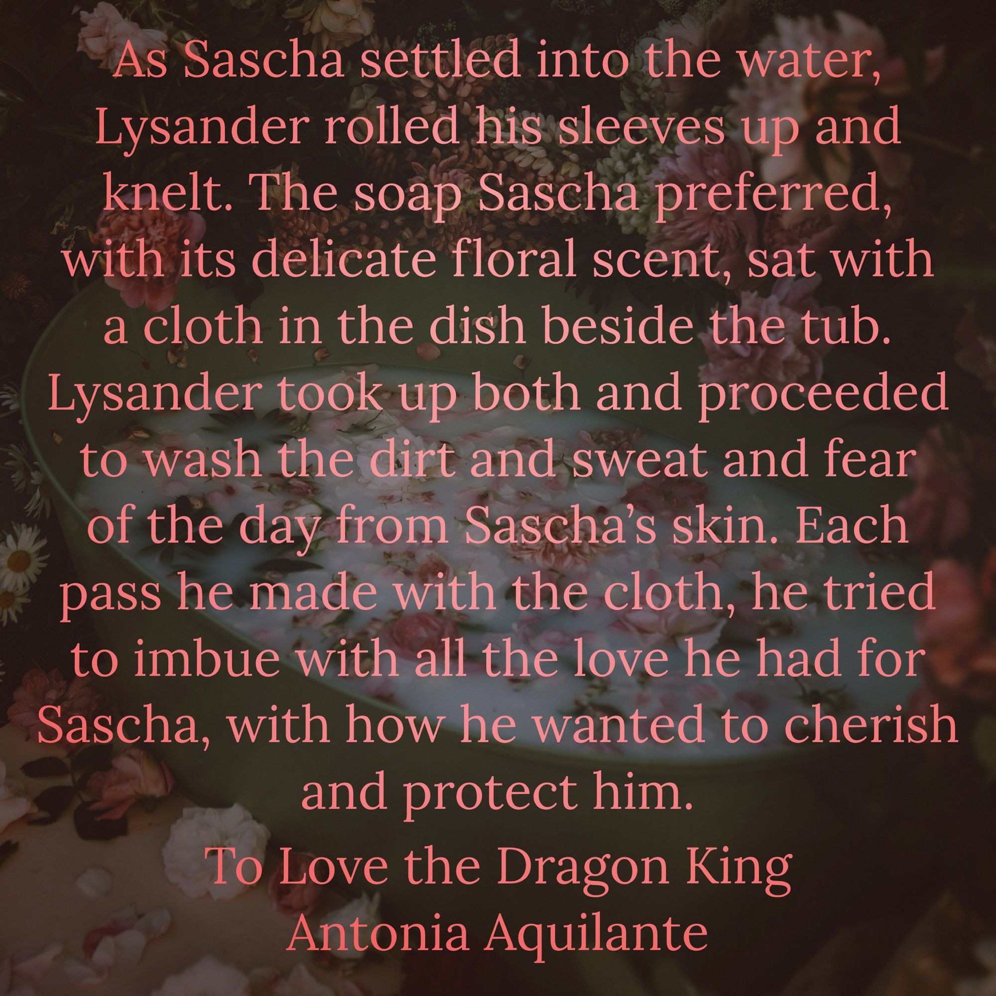 As Sascha settled into the water, Lysander rolled his sleeves up and knelt. The soap Sascha preferred, with its delicate floral scent, sat with a cloth in the dish beside the tub. Lysander took up both and proceeded to wash the dirt and sweat and fear of the day from Sascha’s skin. Each pass he made with the cloth, he tried to imbue with all the love he had for Sascha, with how he wanted to cherish and protect him.
To Love the Dragon King
Antonia Aquilante