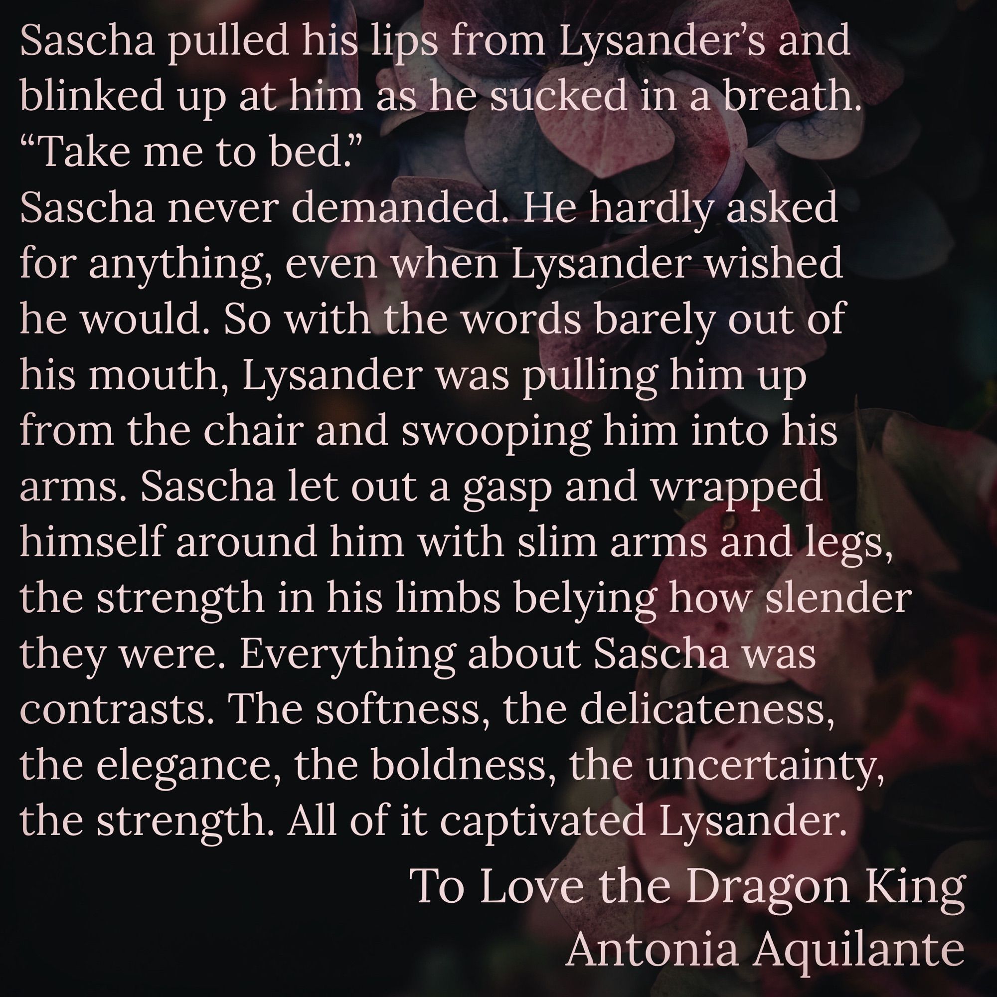 Sascha pulled his lips from Lysander’s and blinked up at him as he sucked in a breath. “Take me to bed.”
Sascha never demanded. He hardly asked for anything, even when Lysander wished he would. So with the words barely out of his mouth, Lysander was pulling him up from the chair and swooping him into his arms. Sascha let out a gasp and wrapped himself around him with slim arms and legs, the strength in his limbs belying how slender they were. Everything about Sascha was contrasts. The softness, the delicateness, the elegance, the boldness, the uncertainty, the strength. All of it captivated Lysander.
To Love the Dragon King
Antonia Aquilante