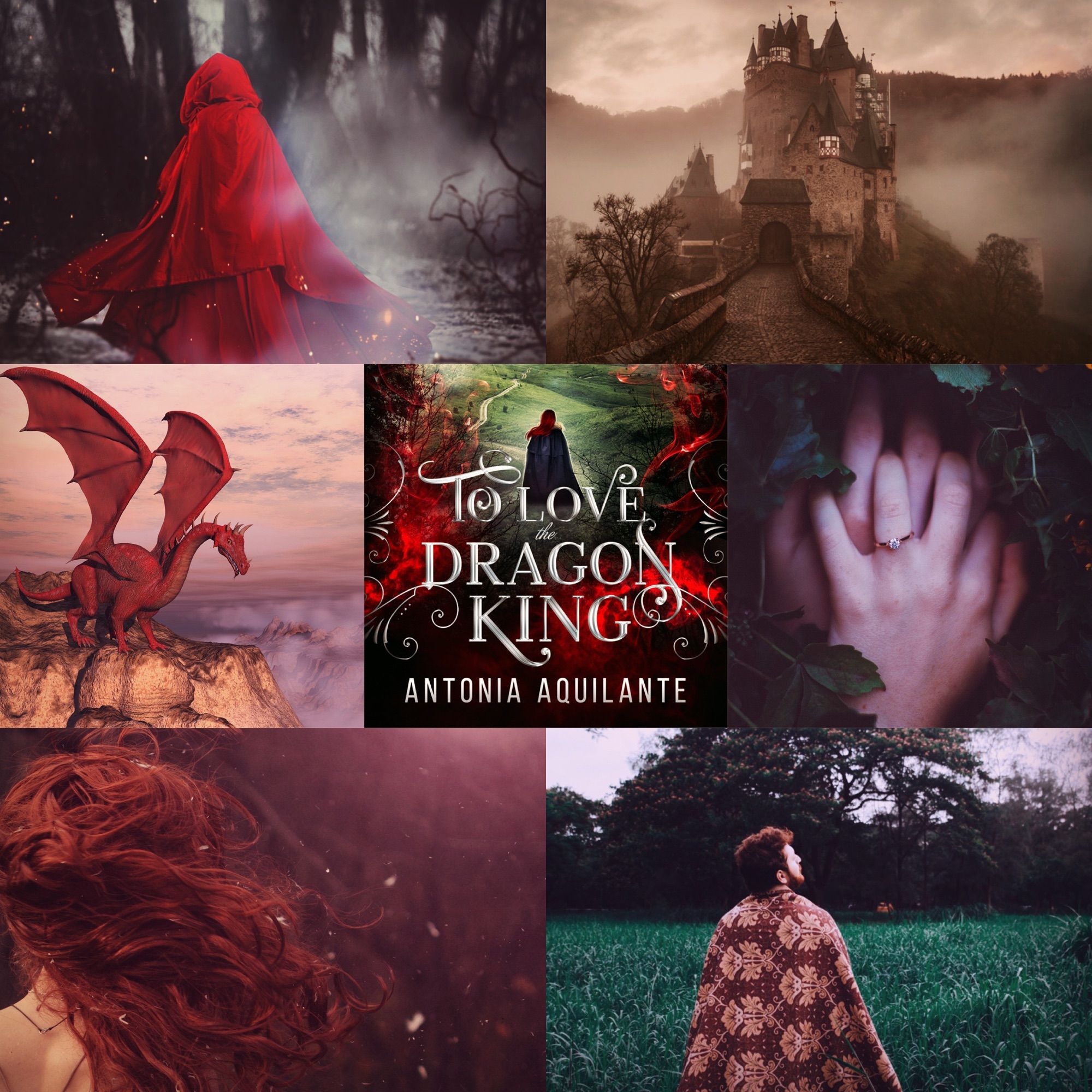 Collage of images: a person in a red cloak walking away through smoke, a castle, a red dragon on a mountain, the cover of To Love the Dragon King, hands clasped amid Ivy, a person facing away red hair blowing in the wind, a man in a cloak looking up at the sky