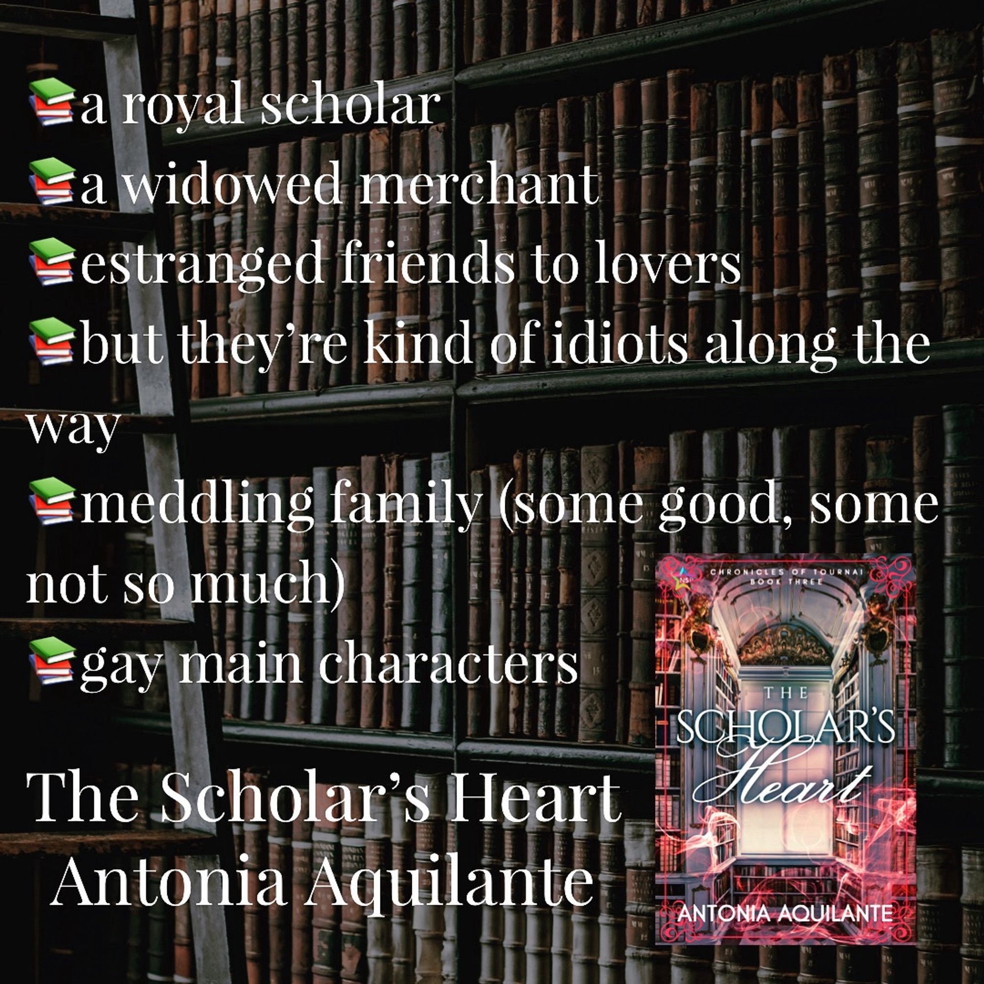 -a royal scholar 
-a widowed merchant 
-estranged friends to lovers 
-but they’re kind of idiots along the way 
-meddling family (some good, some not so much) 
-gay main characters 
The Scholar’s Heart 
Antonia Aquilante