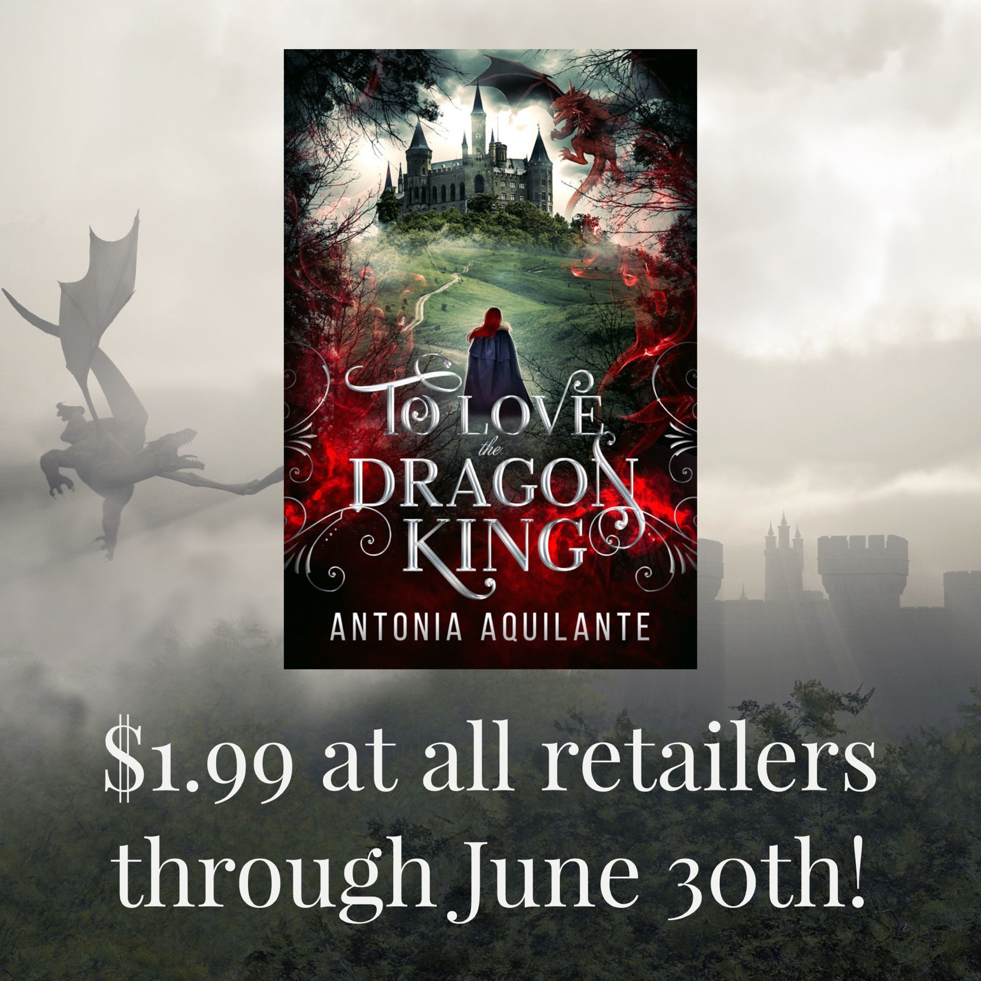 $1.99 at all retailers through June 30th!
[image description: background of a dragon flying over a castle and trees through fog with the cover of To Love the Dragon King in the foreground]