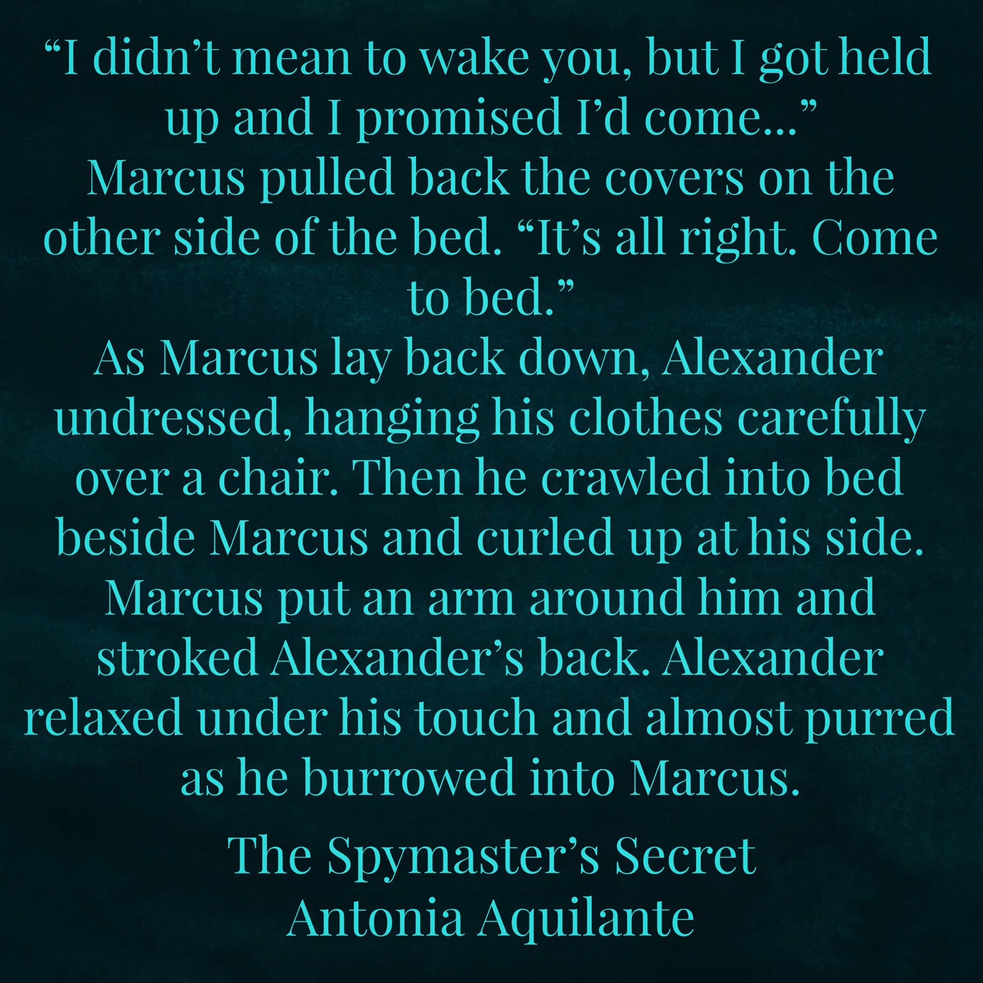 “I didn’t mean to wake you, but I got held up and I promised I’d come...” 
Marcus pulled back the covers on the other side of the bed. “It’s all right. Come to bed.” 
As Marcus lay back down, Alexander undressed, hanging his clothes carefully over a chair. Then he crawled into bed beside Marcus and curled up at his side. Marcus put an arm around him and stroked Alexander’s back. Alexander relaxed under his touch and almost purred as he burrowed into Marcus. 
The Spymaster’s Secret 
Antonia Aquilante