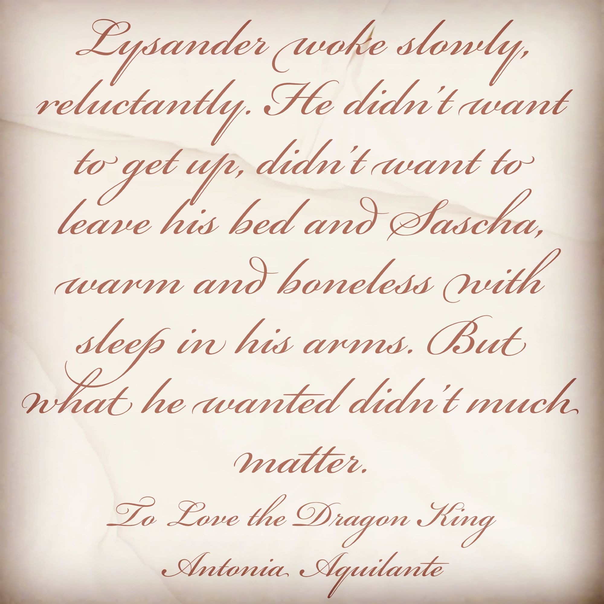 Lysander woke slowly, reluctantly. He didn’t want to get up, didn’t want to leave his bed and Sascha, warm and boneless with sleep in his arms. But what he wanted didn’t much matter. 
To Love the Dragon King
Antonia Aquilante