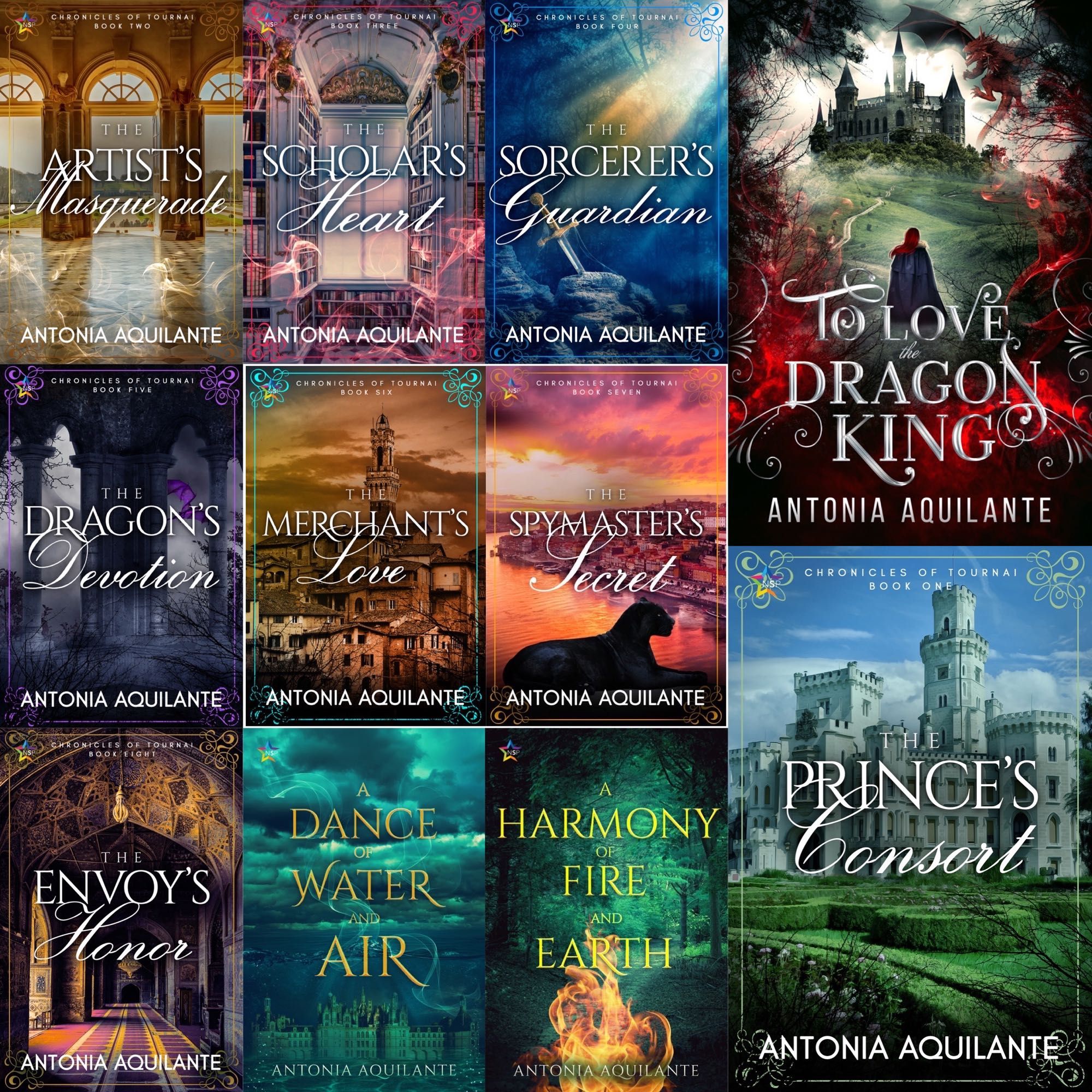 Book covers of The Artist’s Masquerade, The Scholar’s Heart, The Sorcerer’s Guardian, The Dragon’s Devotion, The Merchant’s Love, The Spymaster’s Secret, The Envoy’s Honor, A Dance of Water and Air, A Harmony of Fire and Earth, To Love the Dragon King, and The Prince’s Consort