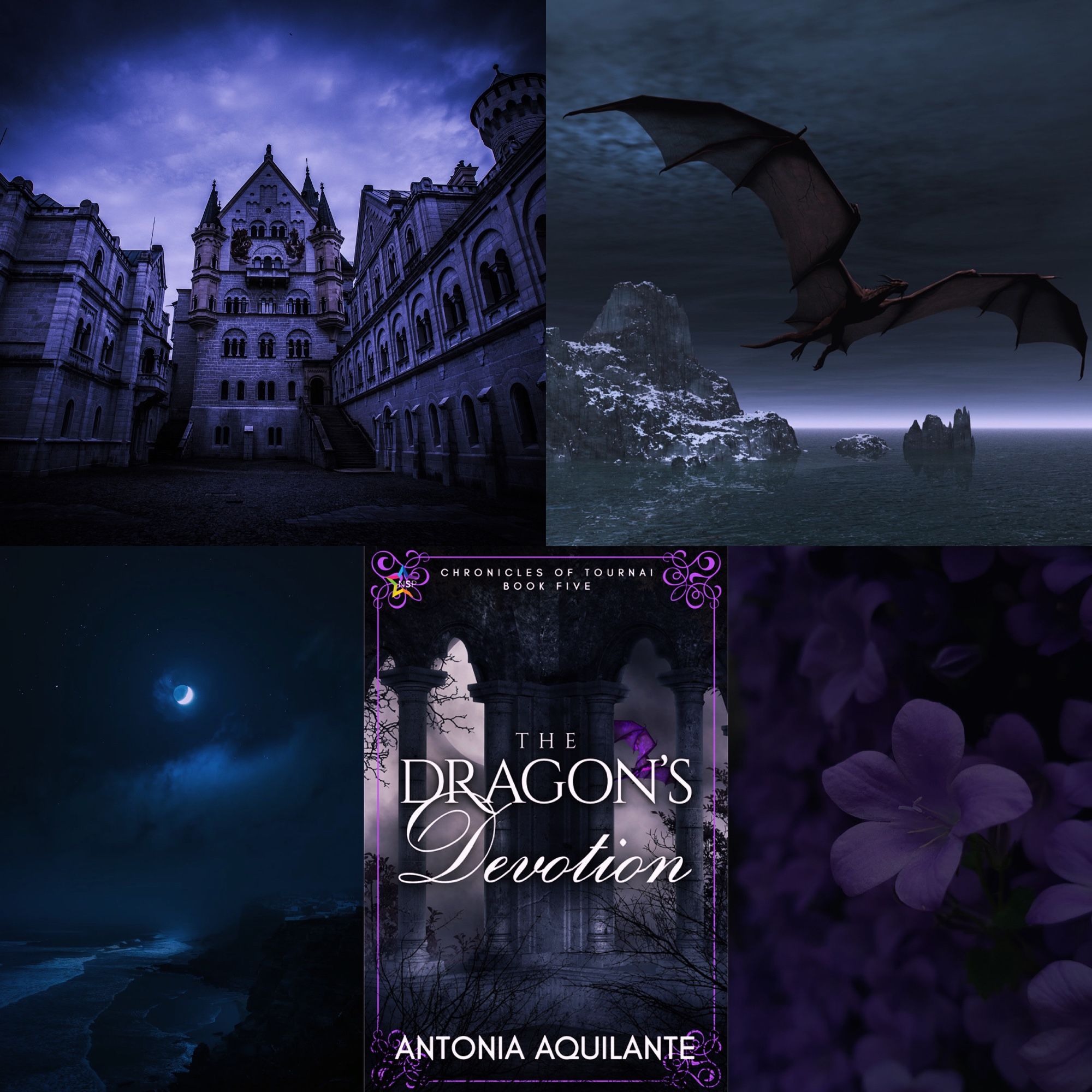 Collage: a castle looming above the viewer, a dragon flying over water, a night sky over ocean and cliffs, the cover of The Dragon’s Devotion, purple flowers