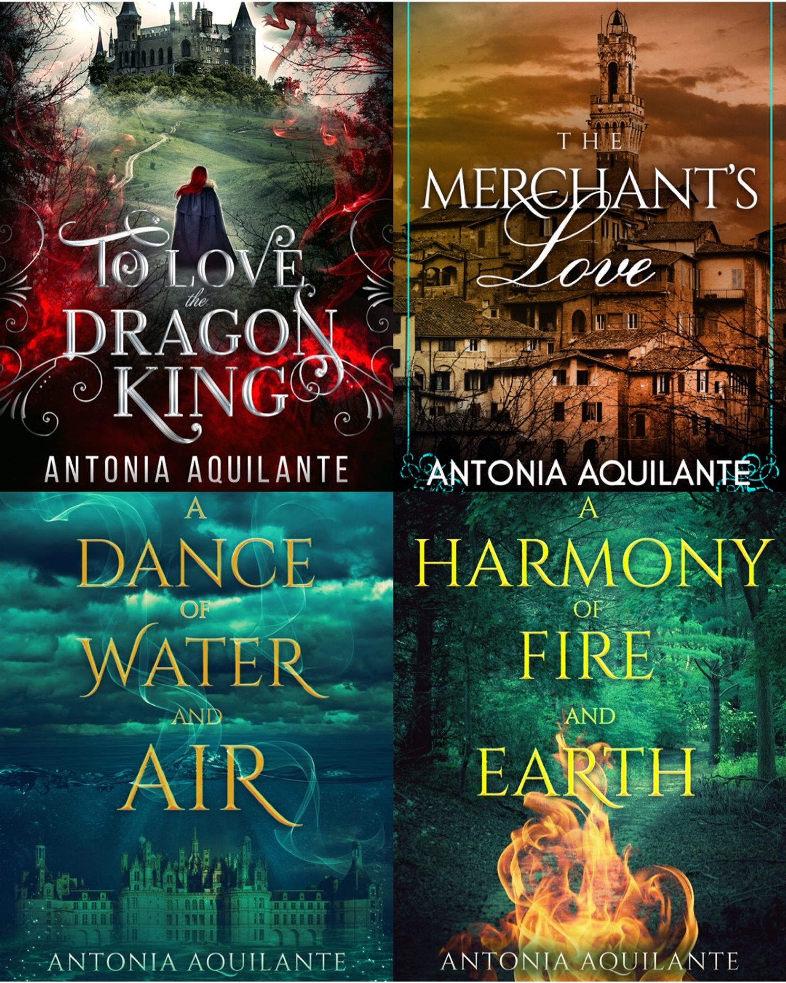 Book covers of To Love the Dragon King, The Merchant’s Love, A Dance of Water and Air, and A Harmony of Fire and Earth