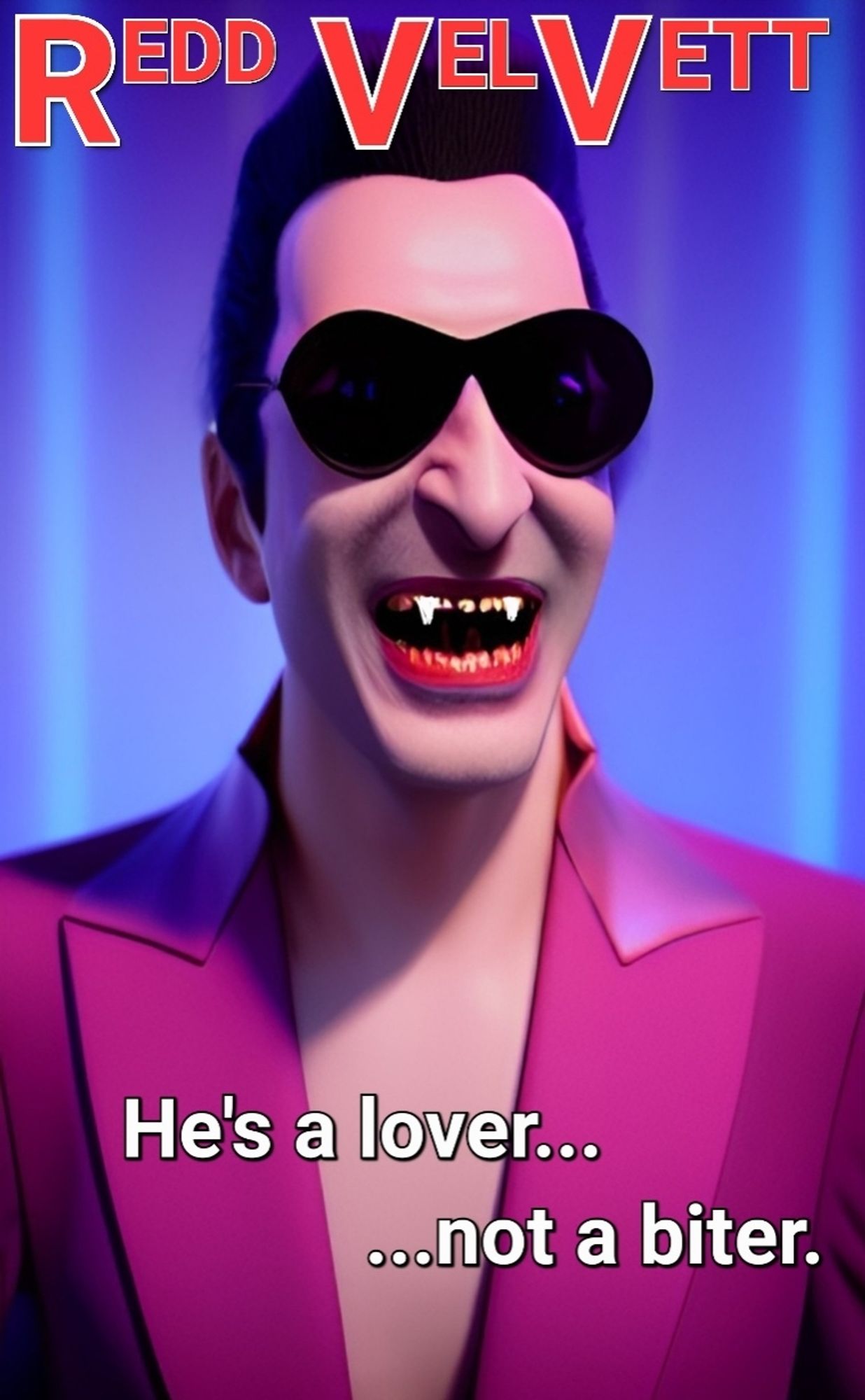 Teaser poster for screenplay REDD VELVETT. Image shows a smooth-looking lounge singer type... who is also a vampire. He smiles and wears sunglasses while on stage.  Text reads "He's a lover not a biter."