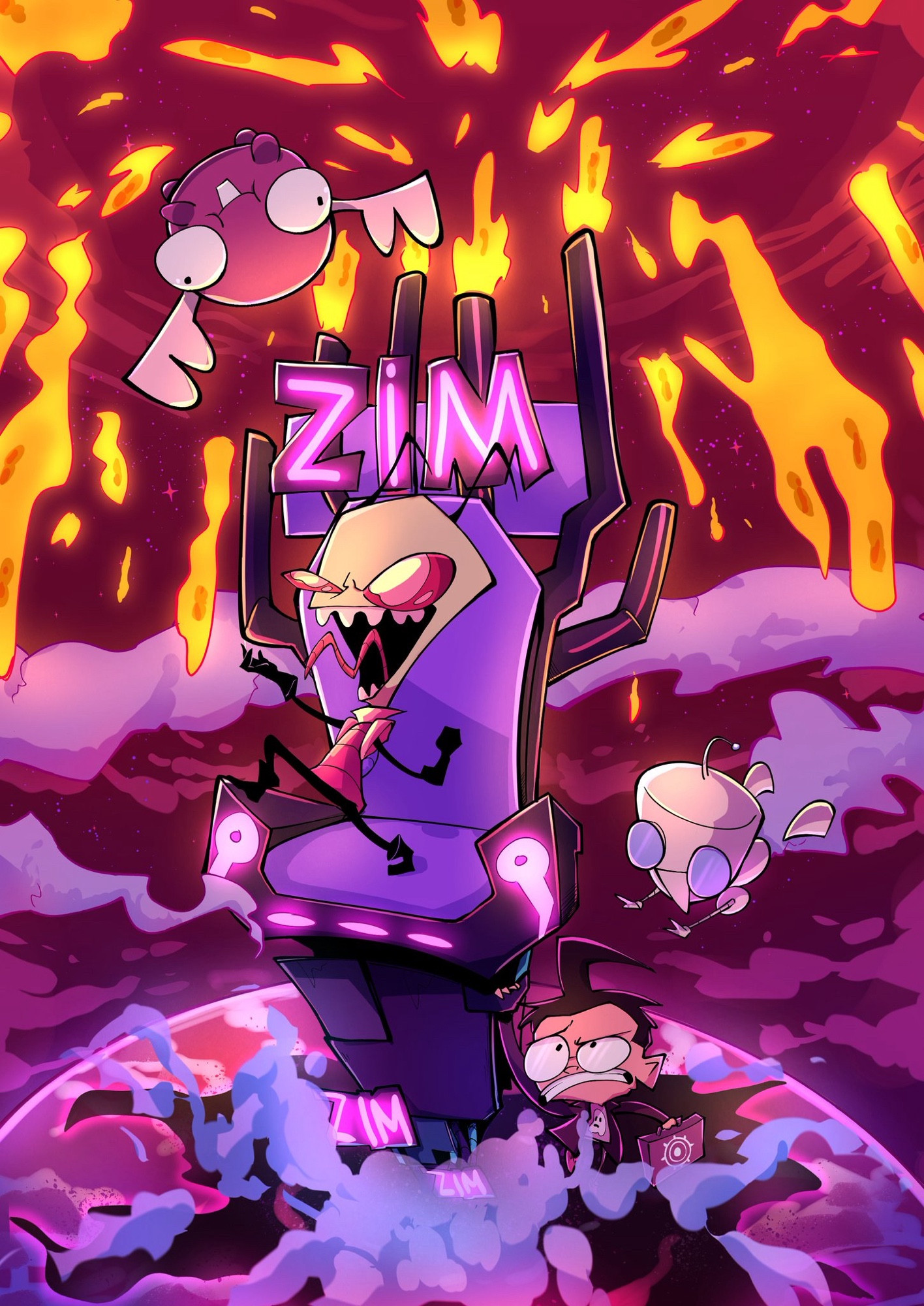 In space. Zim on his throne while Dib is dangling from it and holding on for dear life. 