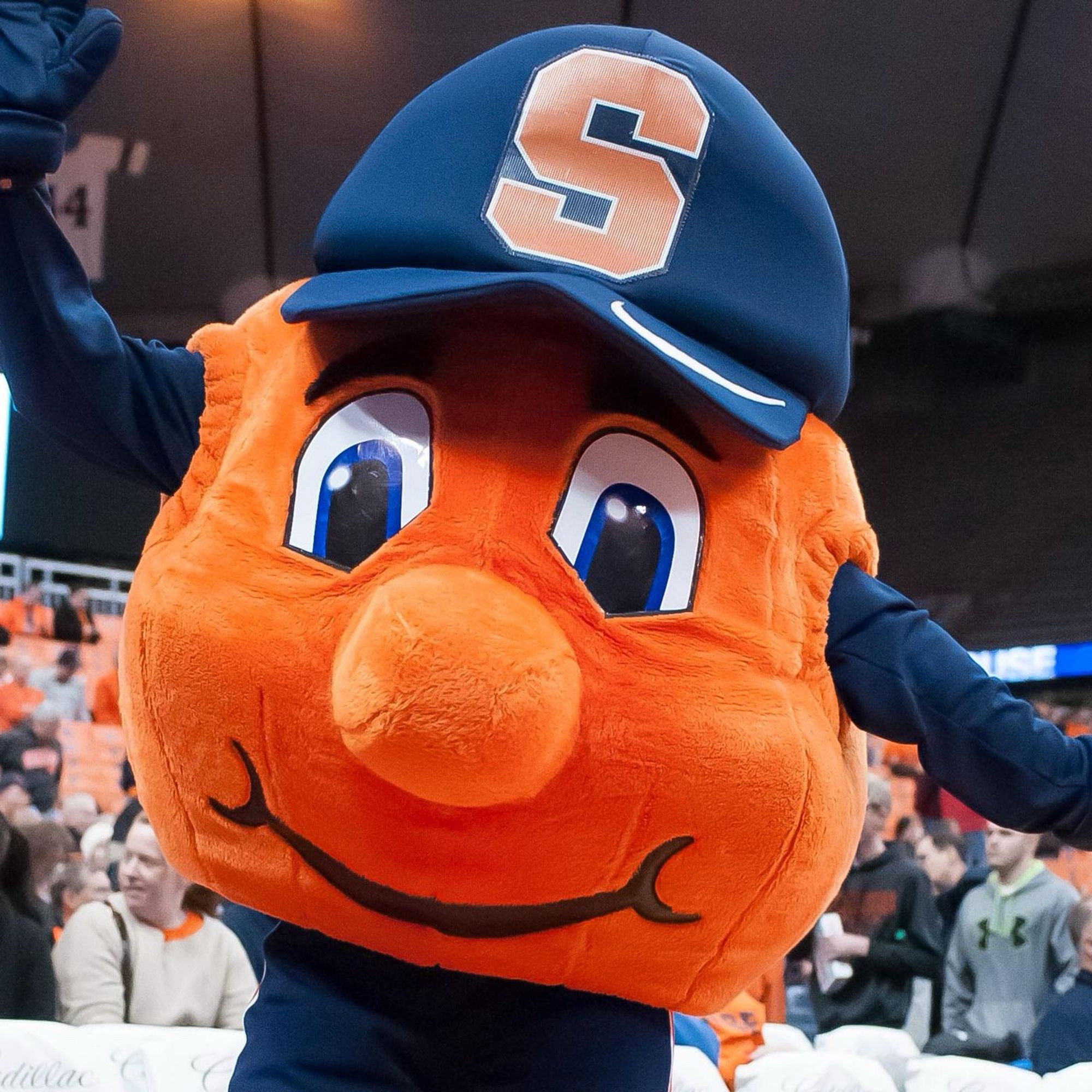 Color photo: Otto the Orange, Syracuse University mascot, smiling for the camera with his navy blue arms (which are where his ears should rightly be) spread wide.