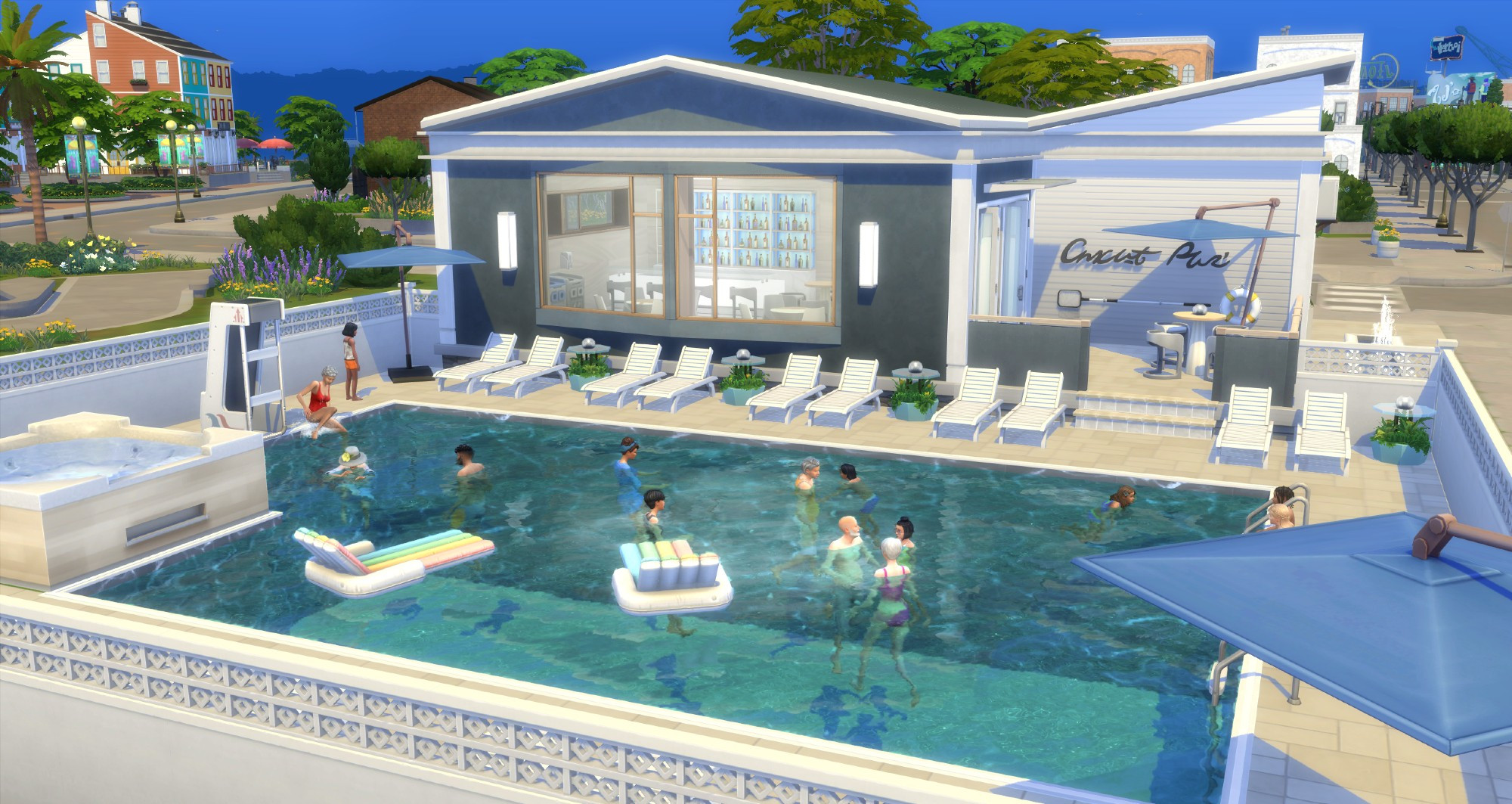 A view of the pool and hot tub area in The Sims 4