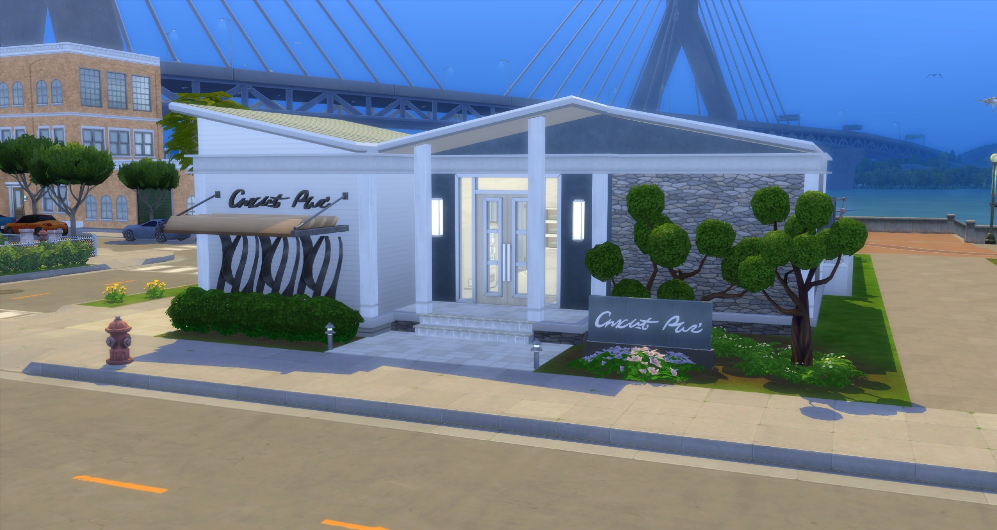 The exterior of a contemporary public pool lot in The Sims 4