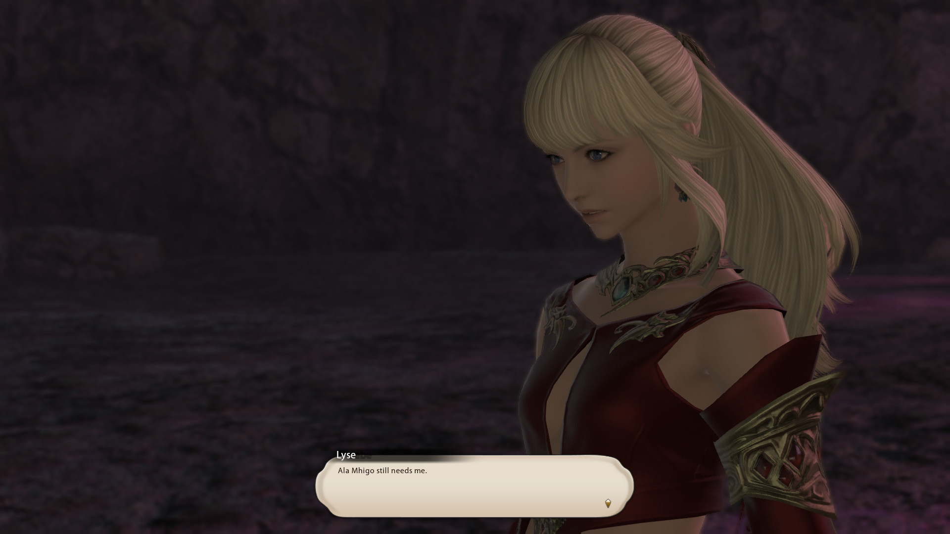 Lyse opens her eyes while still looking downwards with a serious expression, saying, "Ala Mhigo still needs me."