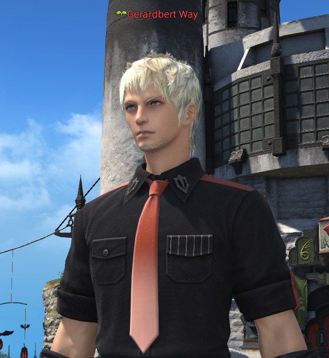 FFXIV character Gerardbert Way, a palette swap of Ardbert with platinum blonde short hair, red eyeliner, a black buttoned shirt and a red tie