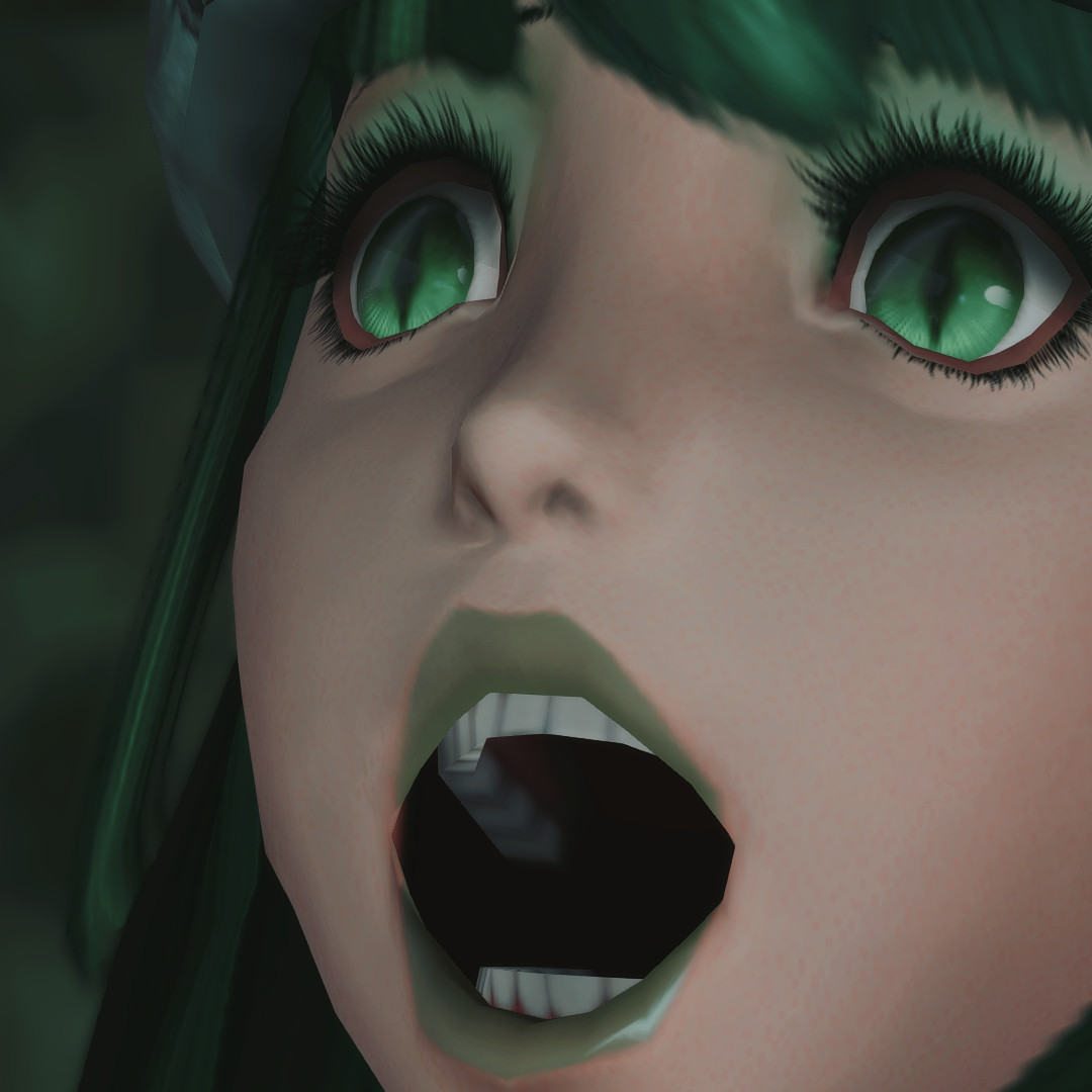 Closeup of Phoebe (a female Miqo'te with dark green hair) screaming in horror in the vein of the Tachibana scream scene from Kamen Rider Blade