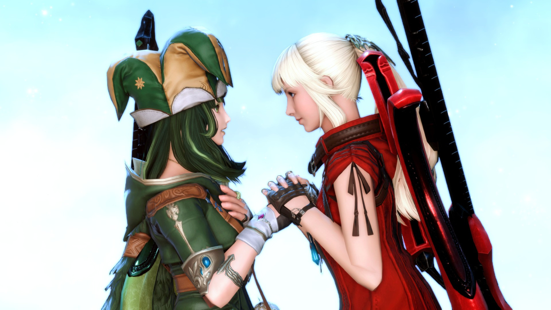 
Lyse leaning forward and holding a surprised Phoebe's hand with intent

Both Phoebe and Lyse have guitar bows (aka the Dawntrail Bard artifact weapon) in their respective colors on their backs