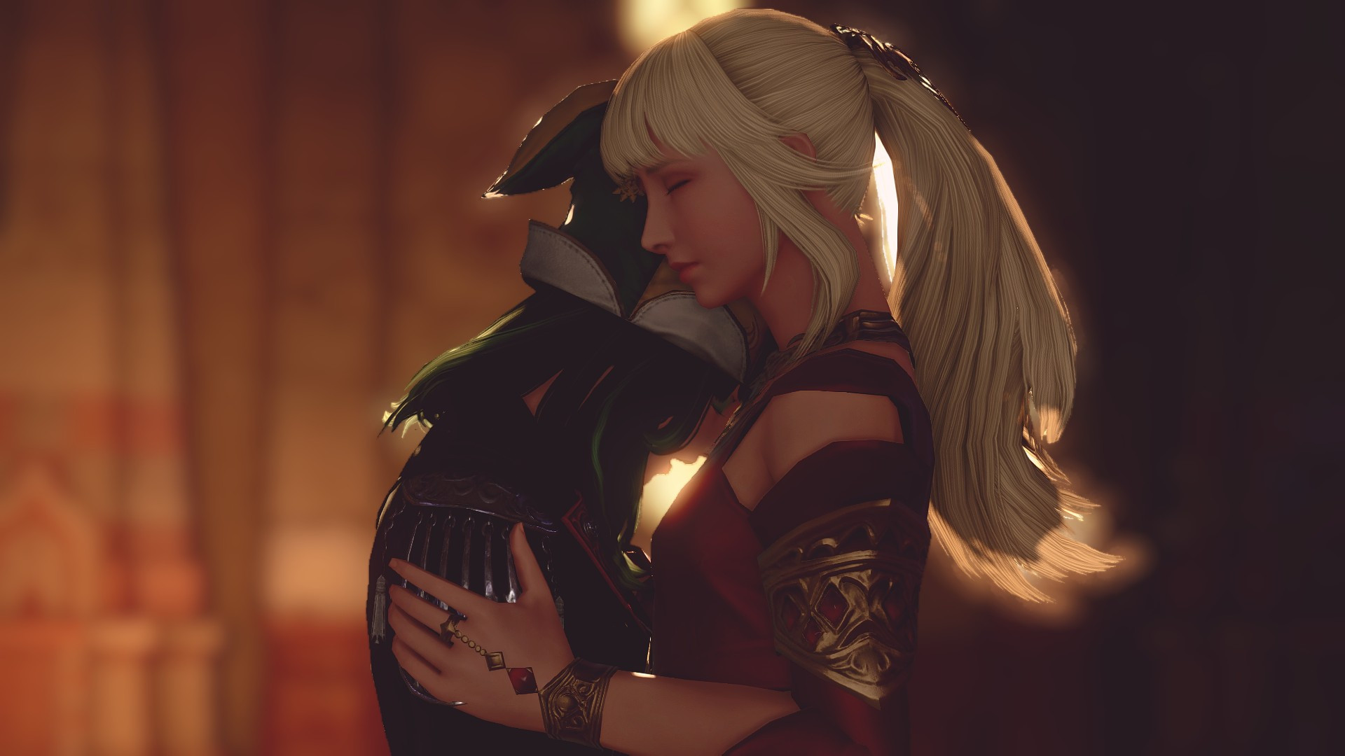 Lyse in the Hall of the Griffin holding and comforting a crying Phoebe