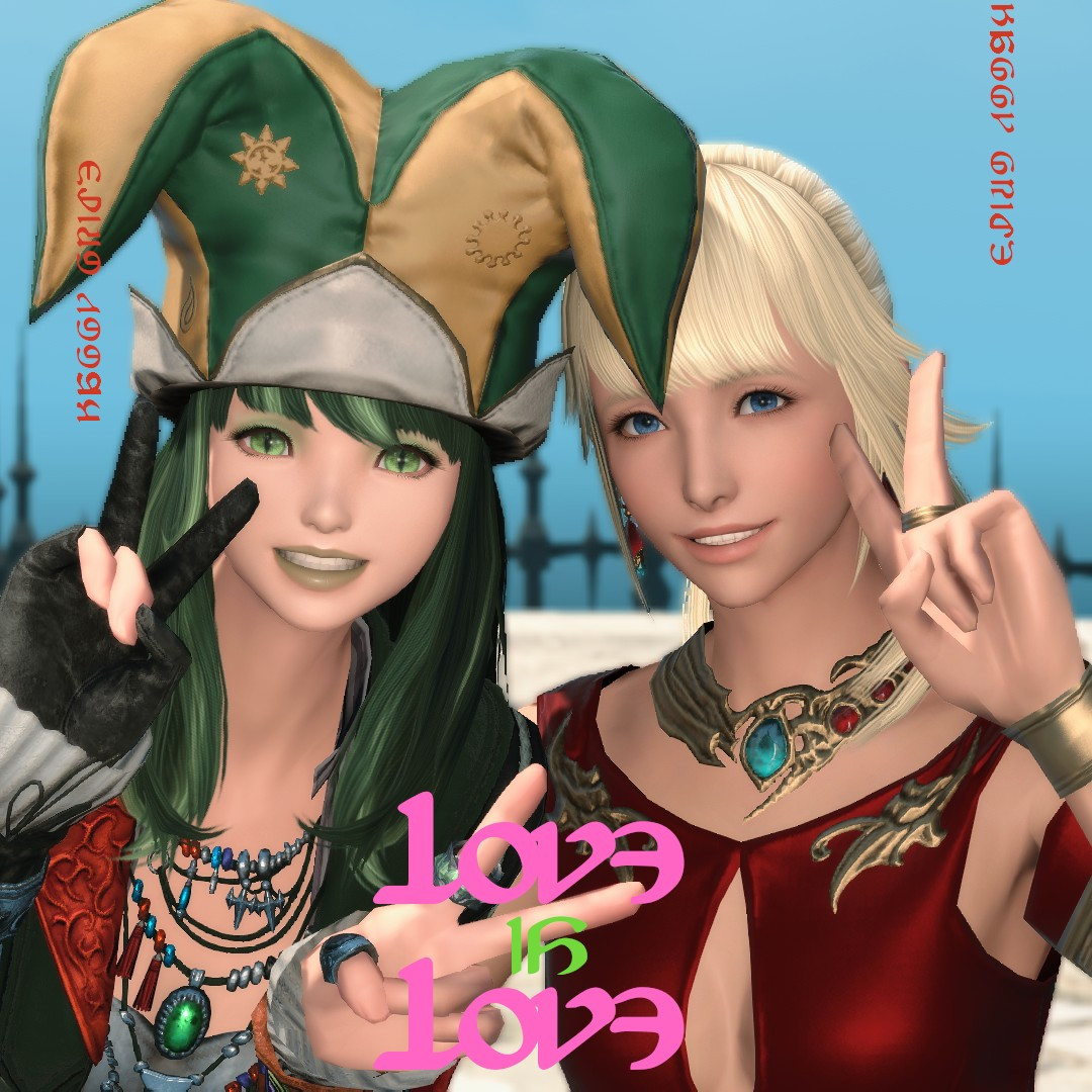 Selfie-style photo of Phoebe and Lyse smiling and making peace signs with the captions "Love is Love" (bottom center) and "Happy Pride" (left and right corners, sideways) in Eorzean letters