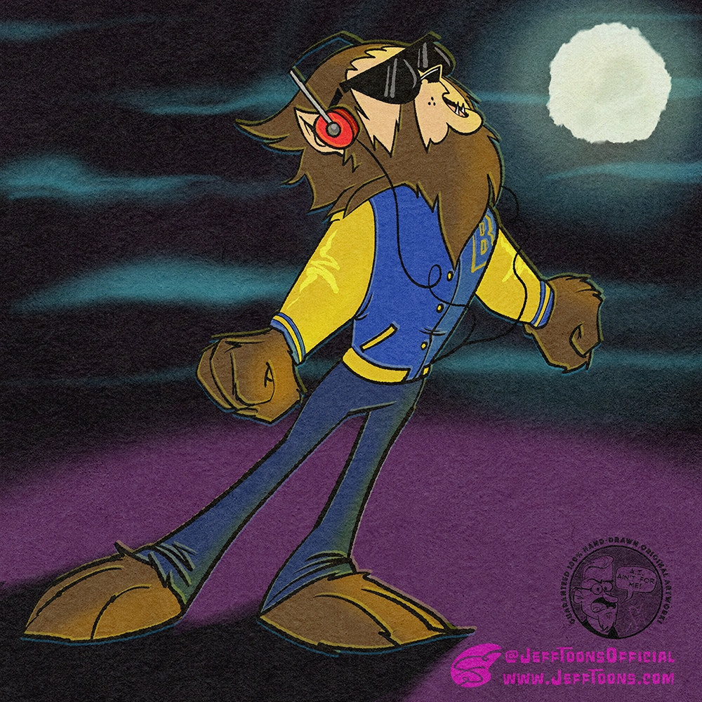 This is a digital illustration hand-drawn in the style of 1980s TV animated cartoons. We see a young teenage boy who has transformed into a teenage werewolf who is howling at a full moon. The TeenWolf is wearing a yellow and blue, High School letterman jacket, cool sunglasses and lightweight headphones that were the style in the 80s.The night sky is a deep blue-black with misty clouds wafting through the air.