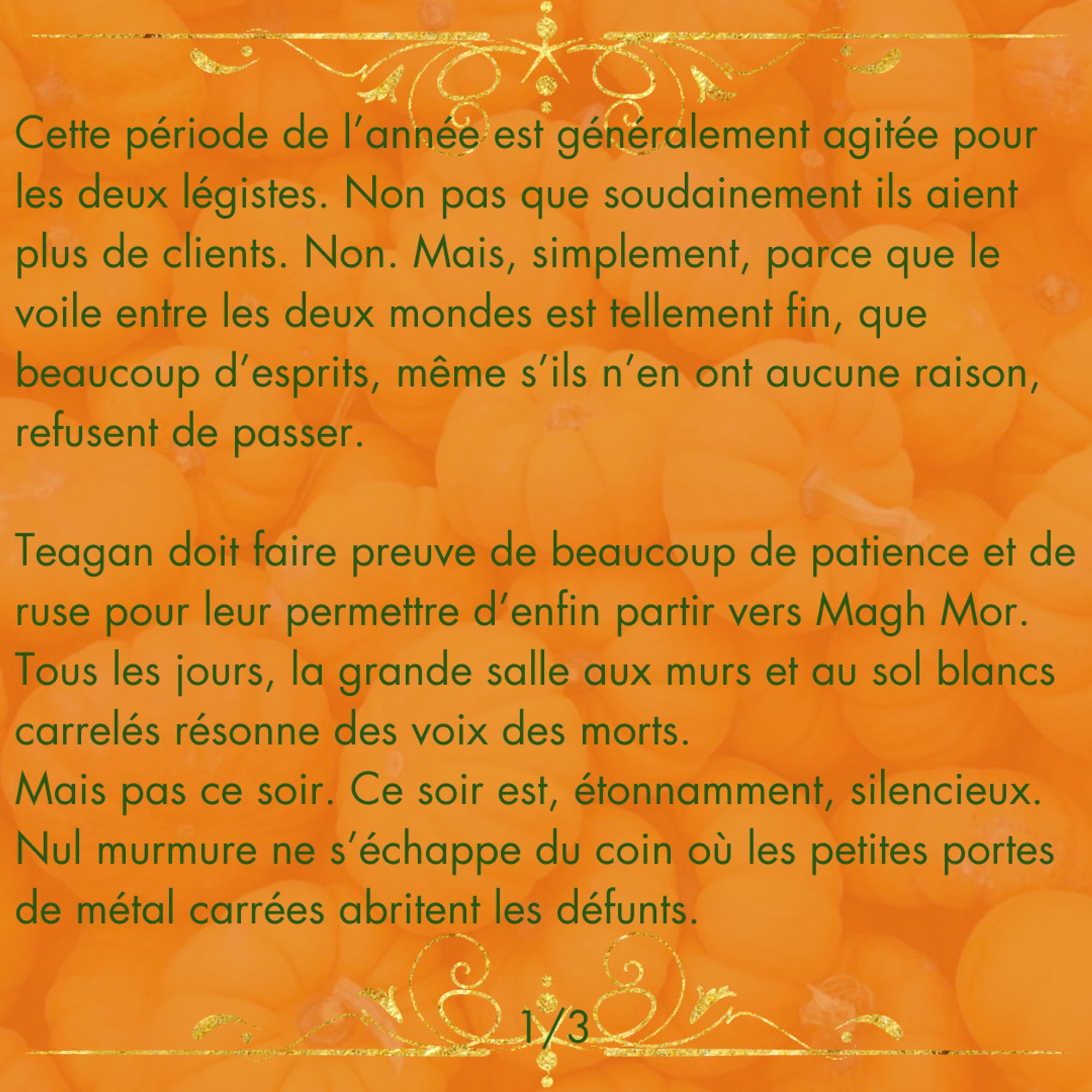 Sur fon orange décoré de citrouilles :
"Cette période de l’année est généralement agitée pour les deux légistes. Non pas que soudainement ils aient plus de clients. Non. Mais, simplement, parce que le voile entre les deux mondes est tellement fin, que beaucoup d’esprits, même s’ils n’en ont aucune raison, refusent de passer.
Teagan doit faire preuve de beaucoup de patience et de ruse pour leur permettre d’enfin partir vers Magh Mor. Tous les jours, la grande salle aux murs et au sol blancs carrelés résonne des voix des morts.
Mais pas ce soir. Ce soir est, étonnamment, silencieux. Nul murmure ne s’échappe du coin où les petites portes de métal carrées abritent les défunts.
1/3"