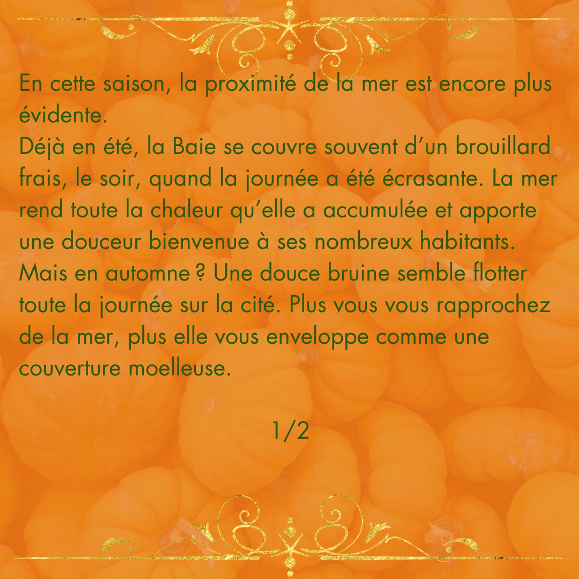 Sur fond orange avec motifs de citrouilles, le texte suivant :
"En cette saison, la proximité de la mer est encore plus évidente.
Déjà en été, la Baie se couvre souvent d’un brouillard frais, le soir, quand la journée a été écrasante. La mer rend toute la chaleur qu’elle a accumulée et apporte une douceur bienvenue à ses nombreux habitants.
Mais en automne ? Une douce bruine semble flotter toute la journée sur la cité. Plus vous vous rapprochez de la mer, plus elle vous enveloppe comme une couverture moelleuse. 

1/2"