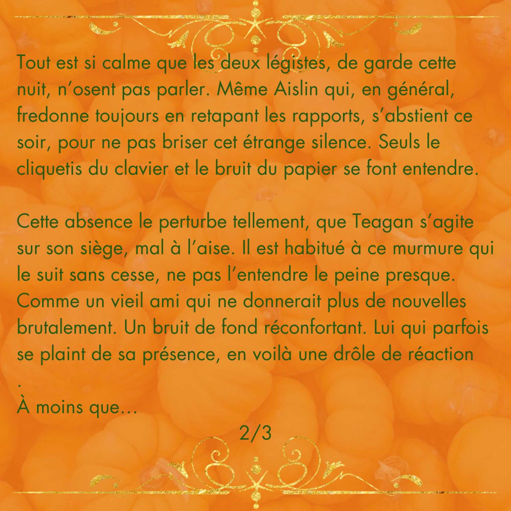 Sur le même fond :
"Tout est si calme que les deux légistes, de garde cette nuit, n’osent pas parler. Même Aislin qui, en général, fredonne toujours en retapant les rapports, s’abstient ce soir, pour ne pas briser cet étrange silence. Seul le cliquetis du clavier et le bruit du papier se font entendre.
Cette absence le perturbe tellement, que Teagan s’agite sur son siège, mal à l’aise. Il est habitué à ce murmure qui le suit sans cesse, ne pas l’entendre le peine presque. Comme un vieil ami qui ne donnerait plus de nouvelles brutalement. Un bruit de fond réconfortant. Lui qui parfois se plaint de sa présence, en voilà une drôle de réaction.
À moins que…
2/3"