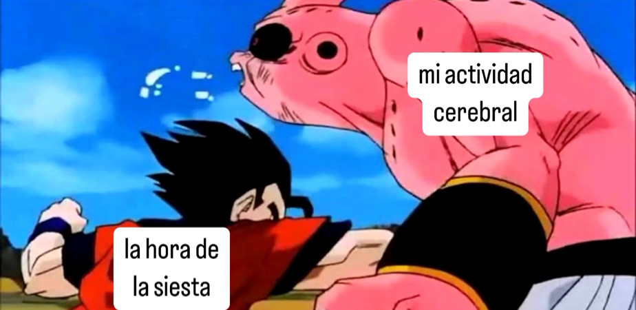 Un meme de Dragon Ball. Gohan definitivo golpea a Super Buu en el estómago. Sobre Gohan aparece el texto "La hora de la siesta" y sobre Buu "mi actividad cerebral".