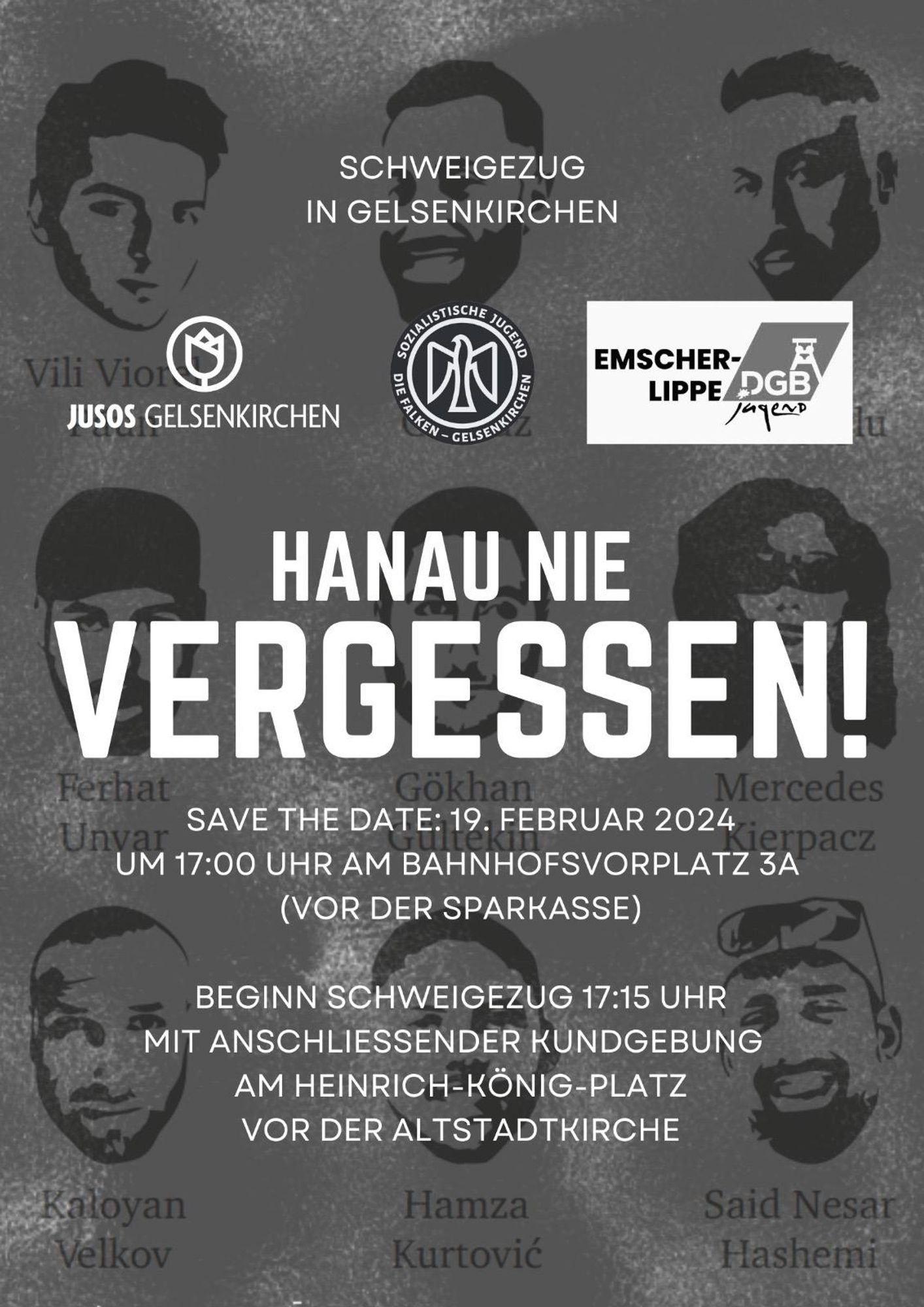 "Plakat mit Aufruf zum Schweigezug 'Hanau nie vergessen!' am 19. Februar um 17 Uhr am Bahnhofsvorplatz 3A in Gelsenkirchen. Logos der Jusos, der Falken und des DGB."