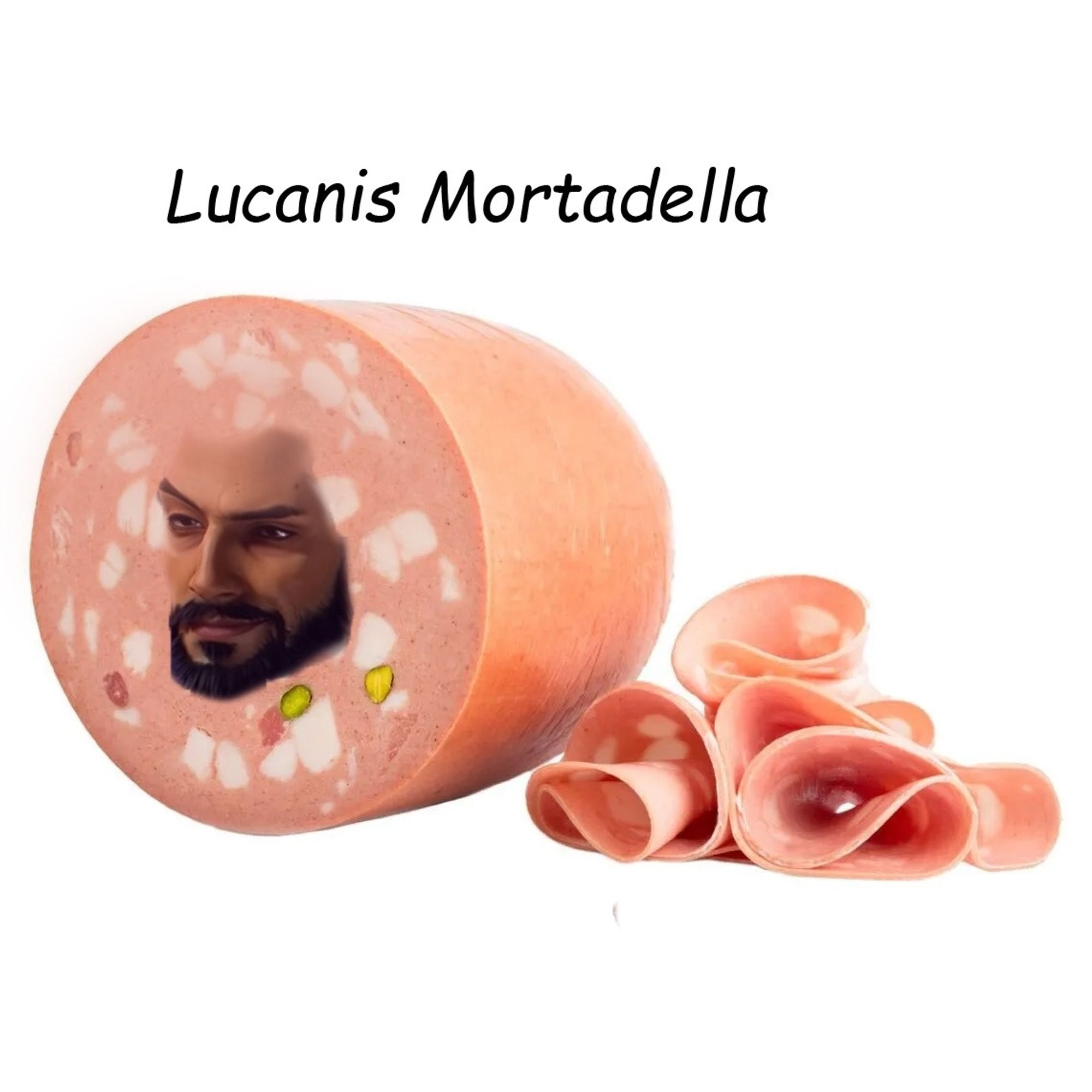 The face of Lucanis Dellamorte - a tan man with a dark beard and brown eyes - in front of a thick piece of Mortadella sausage. The whole things is a silly play of words on his last name being Dellamorte