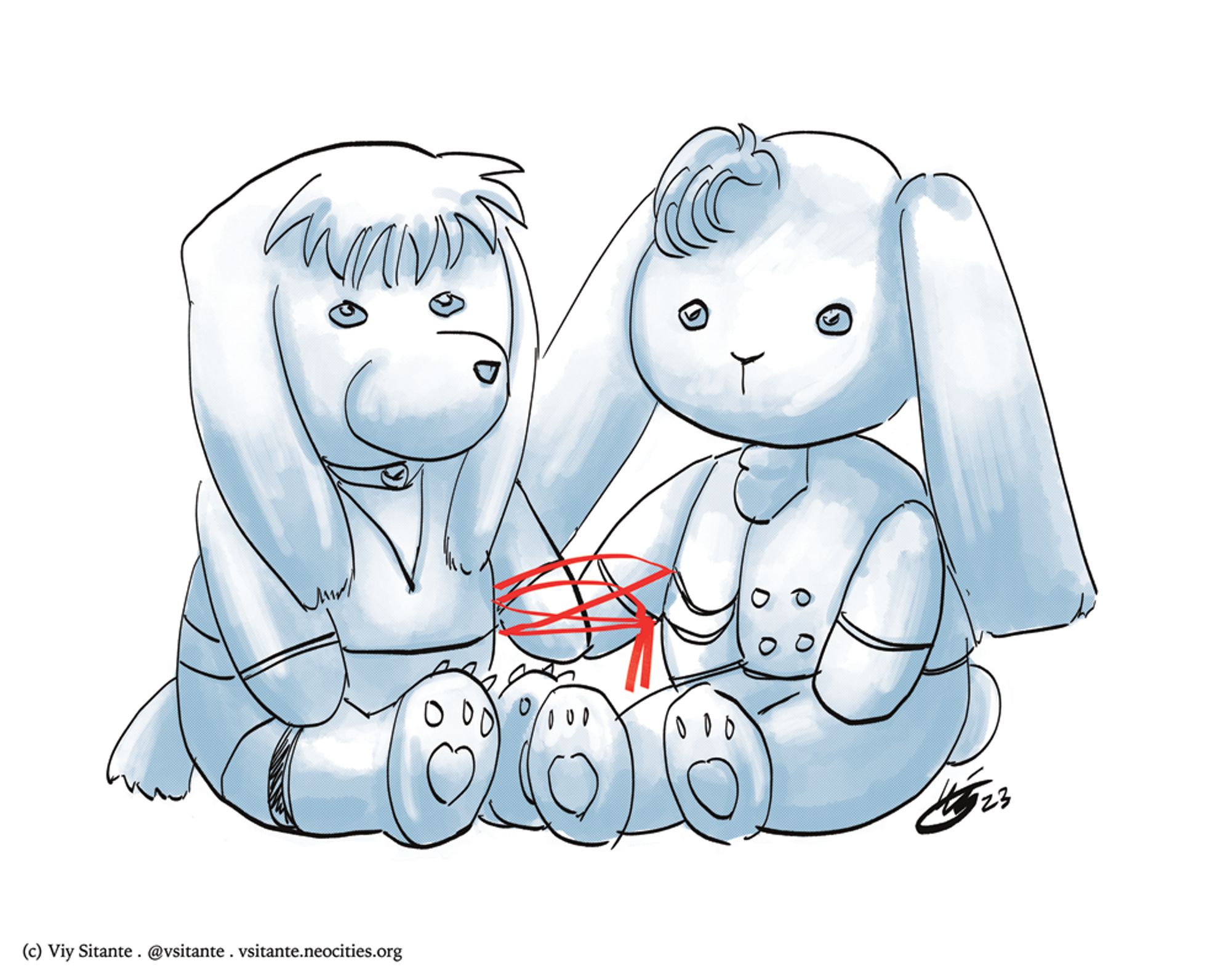 Monochrome blue color picture of two plushies, their paws connected by a red string. On the left is a little doggie plush dressed as Astemar's alter ego, while on the right is a little bunny plush dressed as Magnus at his five star best. Both plushies have little tufts of hair to better represent these two maniacs.