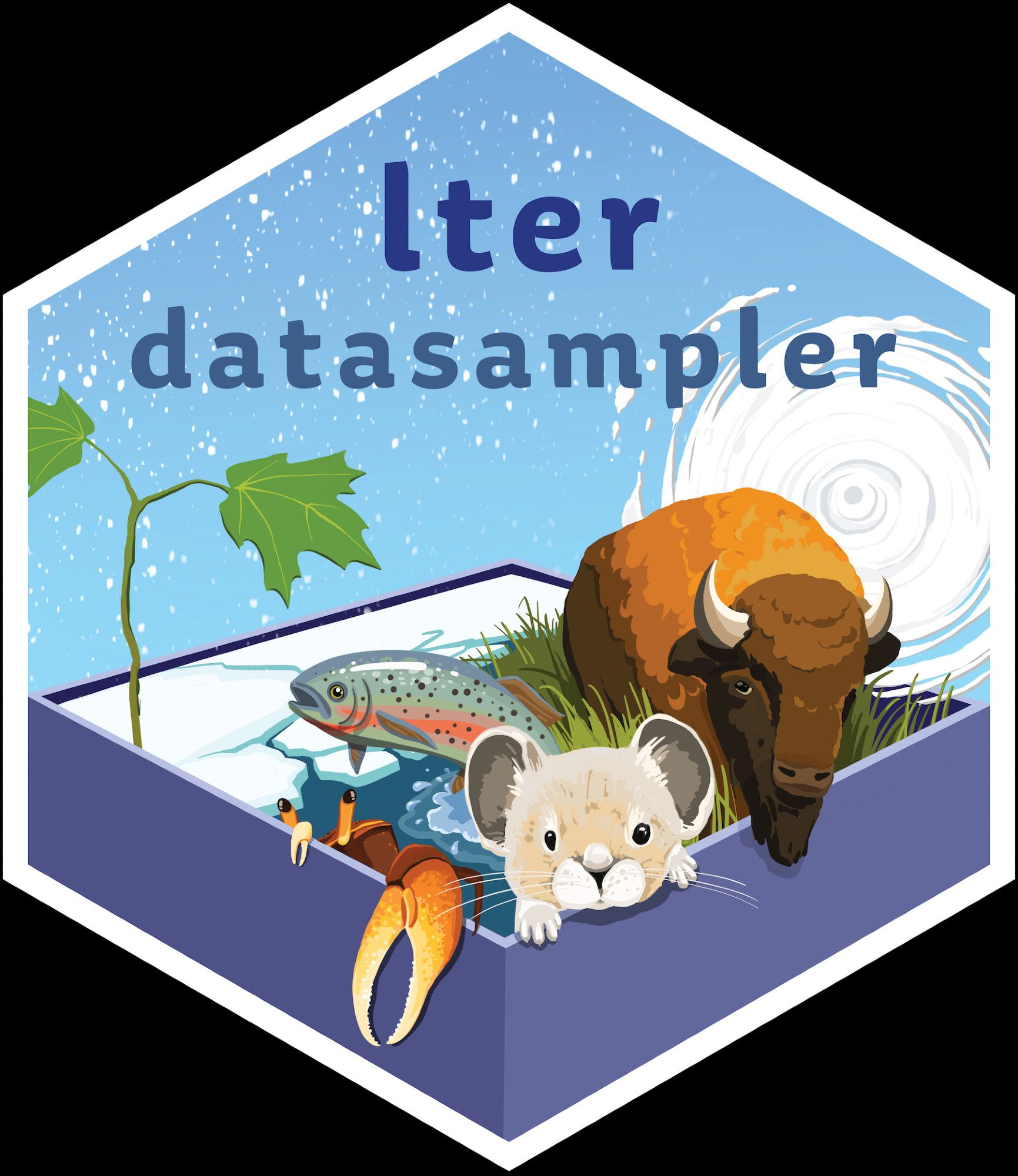 A hexagonal design with the words lterdatasampler at the top. Within the border are plants, animals and weather patterns representing the different datasets currently in the package.