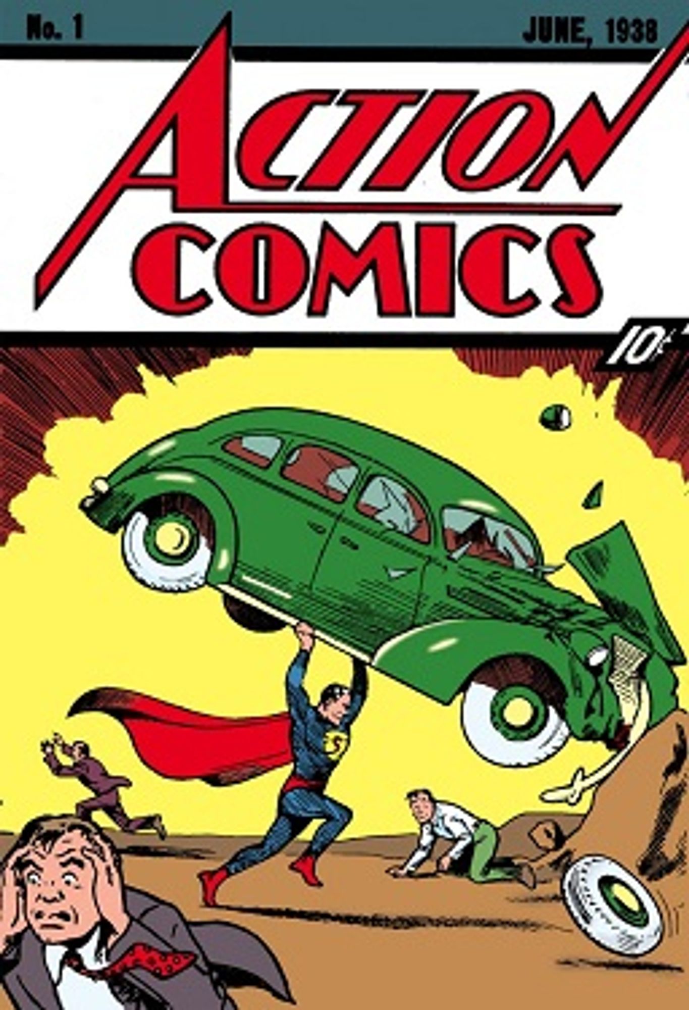 Premier numéro de Action Comics (1938), où on voit Superman balancer à bout de bras une bagnole sur un rocher