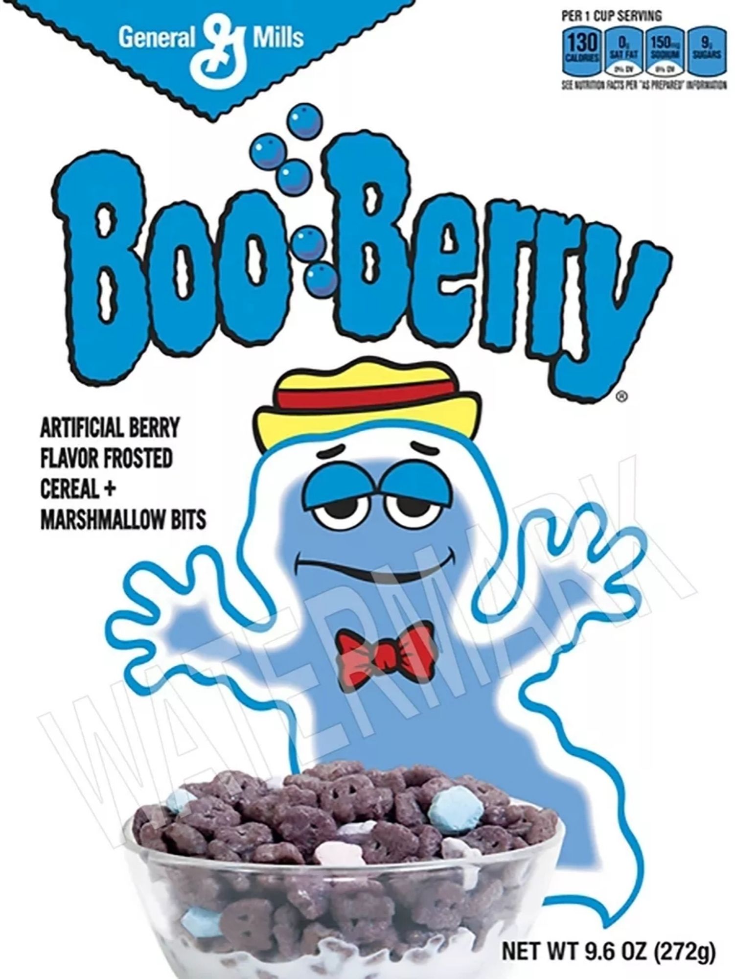 Boo Berry cereal, showing a blue ghost wearing a hat and a red bowtie