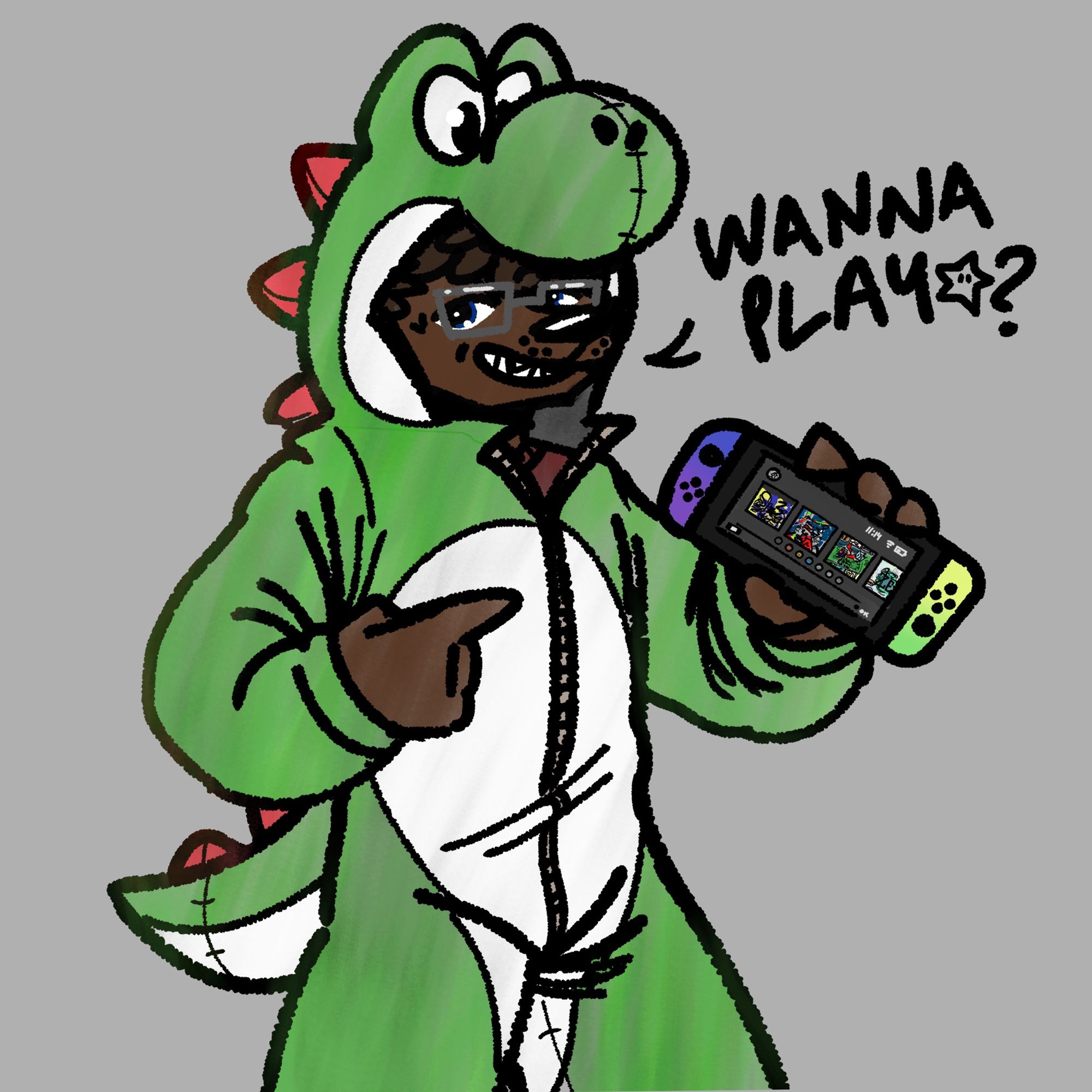 Baxter holding his Switch (limited edition Splatoon 3 OLED).