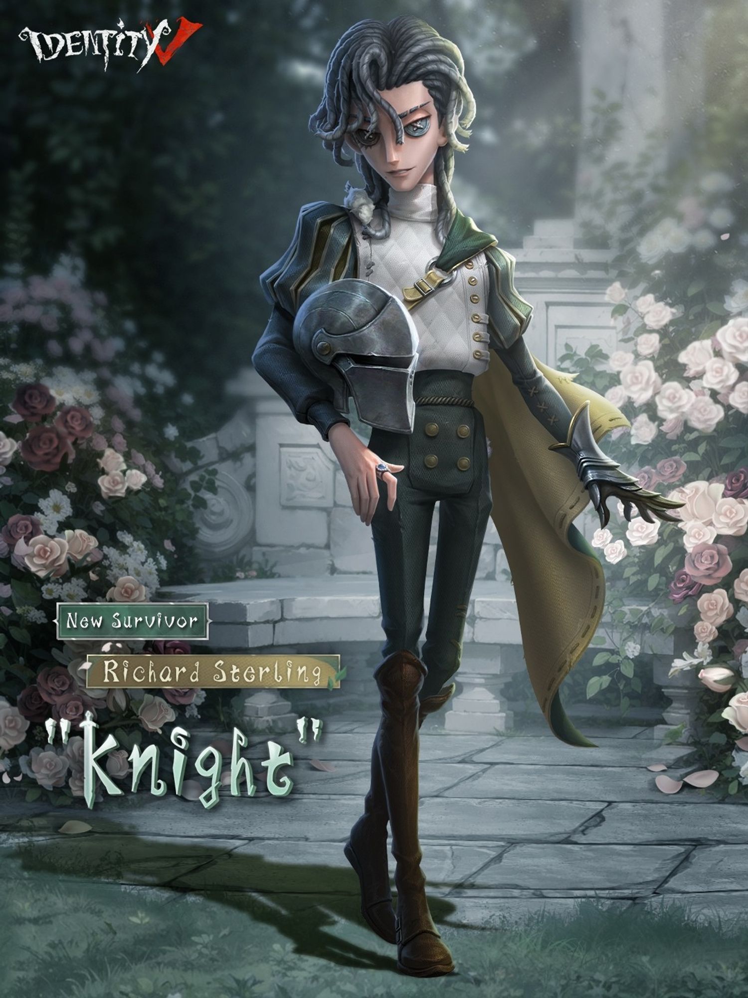 A slender white man with dark hair and button greenish gray eyes wearing a knight outfit with green and white shades and yellow tones holding a Knight helmet. He has a confident smile in his face.