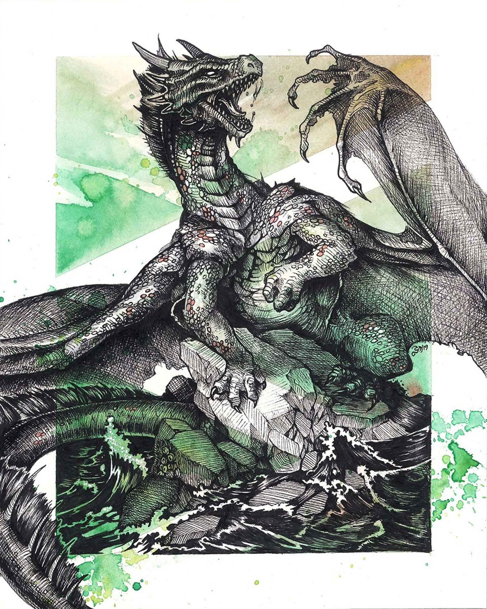 A fierce, black-ink-hatched bronze D&D dragon sitting on a rock in the middle of a foaming sea, raising its wing and roaring proudly. The background is a green-beige colour like tarnished bronze, and splotchy with a prominent white border.