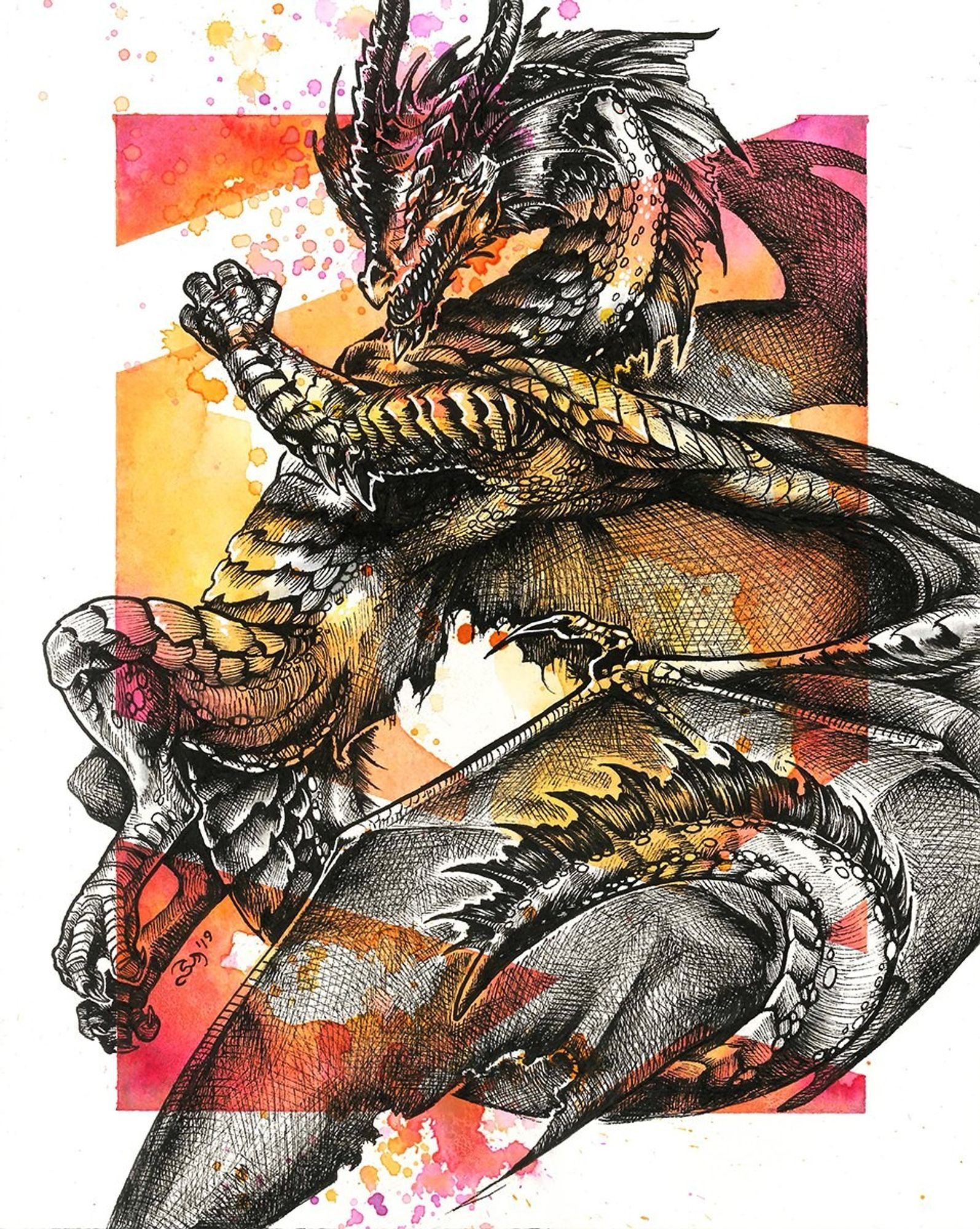 A sinister, black-ink-hatched red D&D dragon twisting in midair, glaring back at the viewer and lashing its tail around its wing. The background is a fiery orange and yellow and splotchy with a prominent white border.