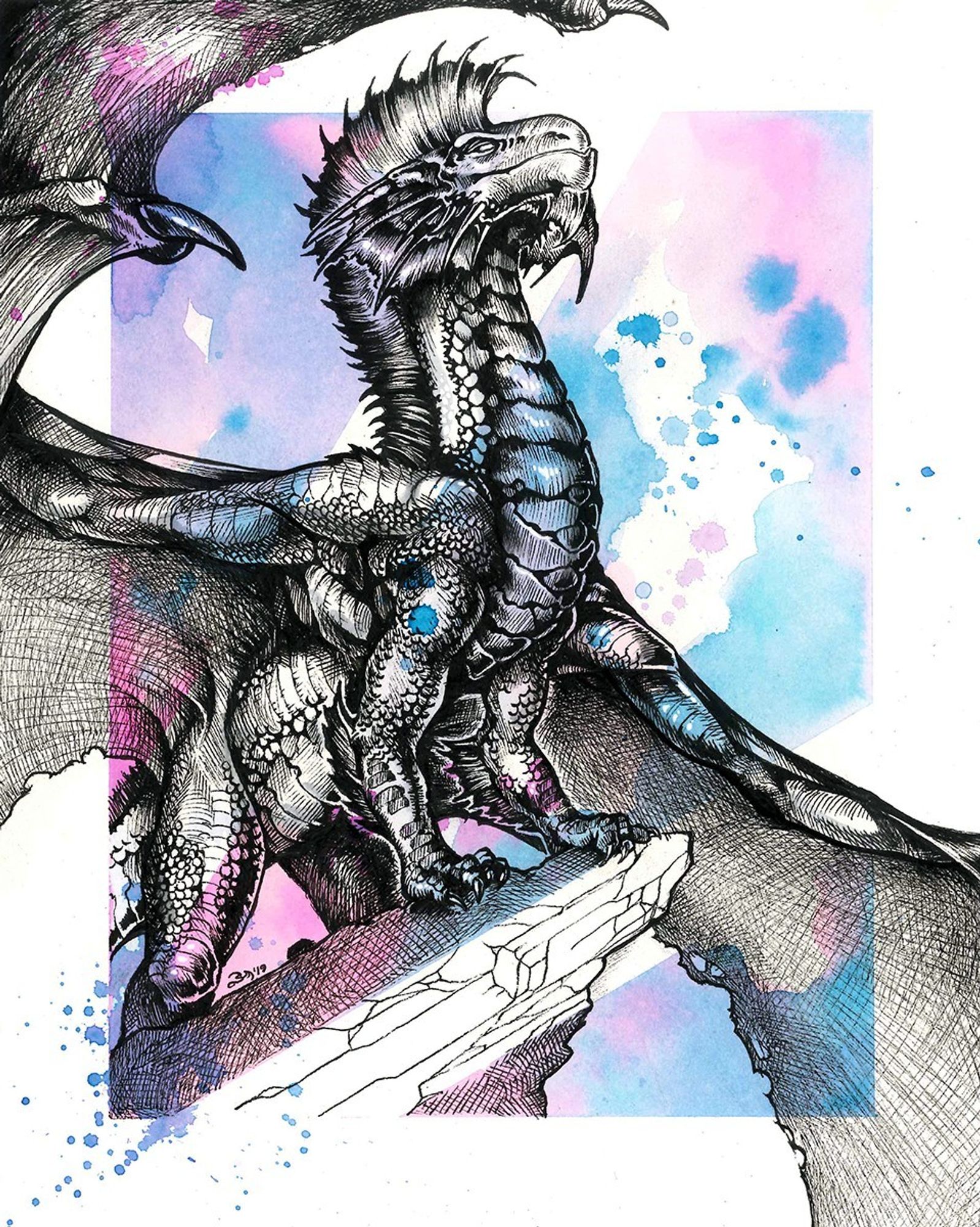 A proud black-ink-hatched silver D&D dragon standing on a rocky outcrop looking up at the sky, wings unfurled. The background is pink and blue and splotchy with a prominent white border.