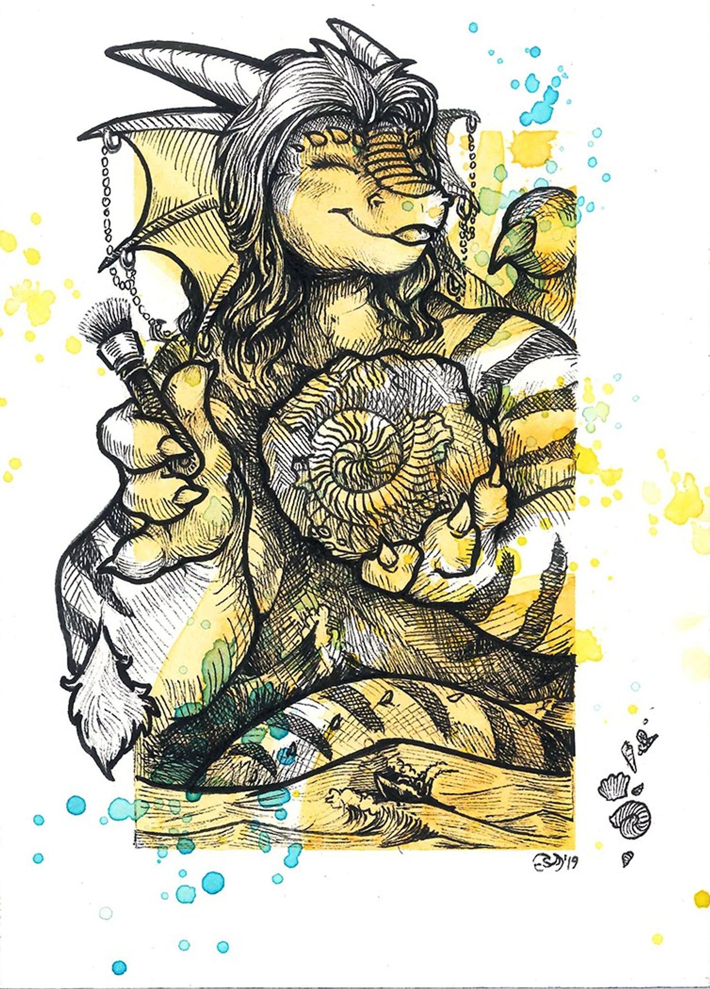 Durrn, a supersized stripey panzerdragon, doing some archaeology! Shi is holding a big ammonite fossil in one paw and a little fossil brush in the other. Done in ink with hatching. Background colours in watercolour, yellow and blue with a white border all around. A few shells fall to the right and there's a boat for scale at the bottom because Durrn is very Large.