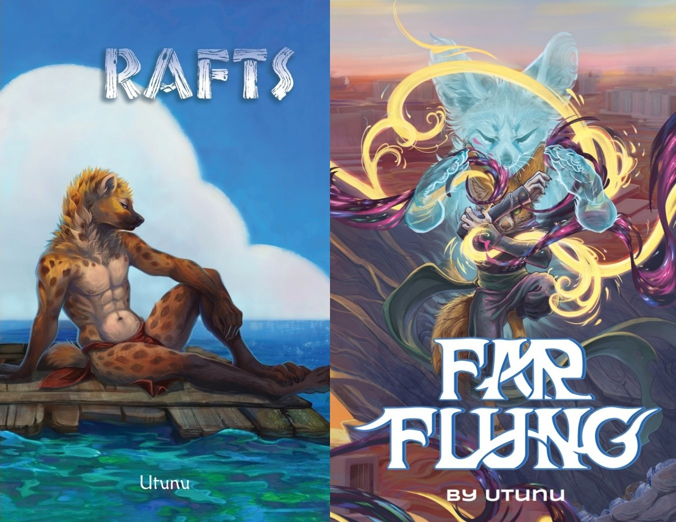 A pair of book covers - the left featuring an anthropomorphic hyena (gnoll) sitting back on a raft made of worn planks, floating on a wide ocean with a blue sky and cloud in the background. Title: RAFTS. On the right, a dynamic front shot of an jumping anthropomorphic fennec with swirls of gold and purple energy twining around him. Behind the fennec is another fennec, but ghostly blue with his paws hovering over the first's head. Title: FAR FLUNG