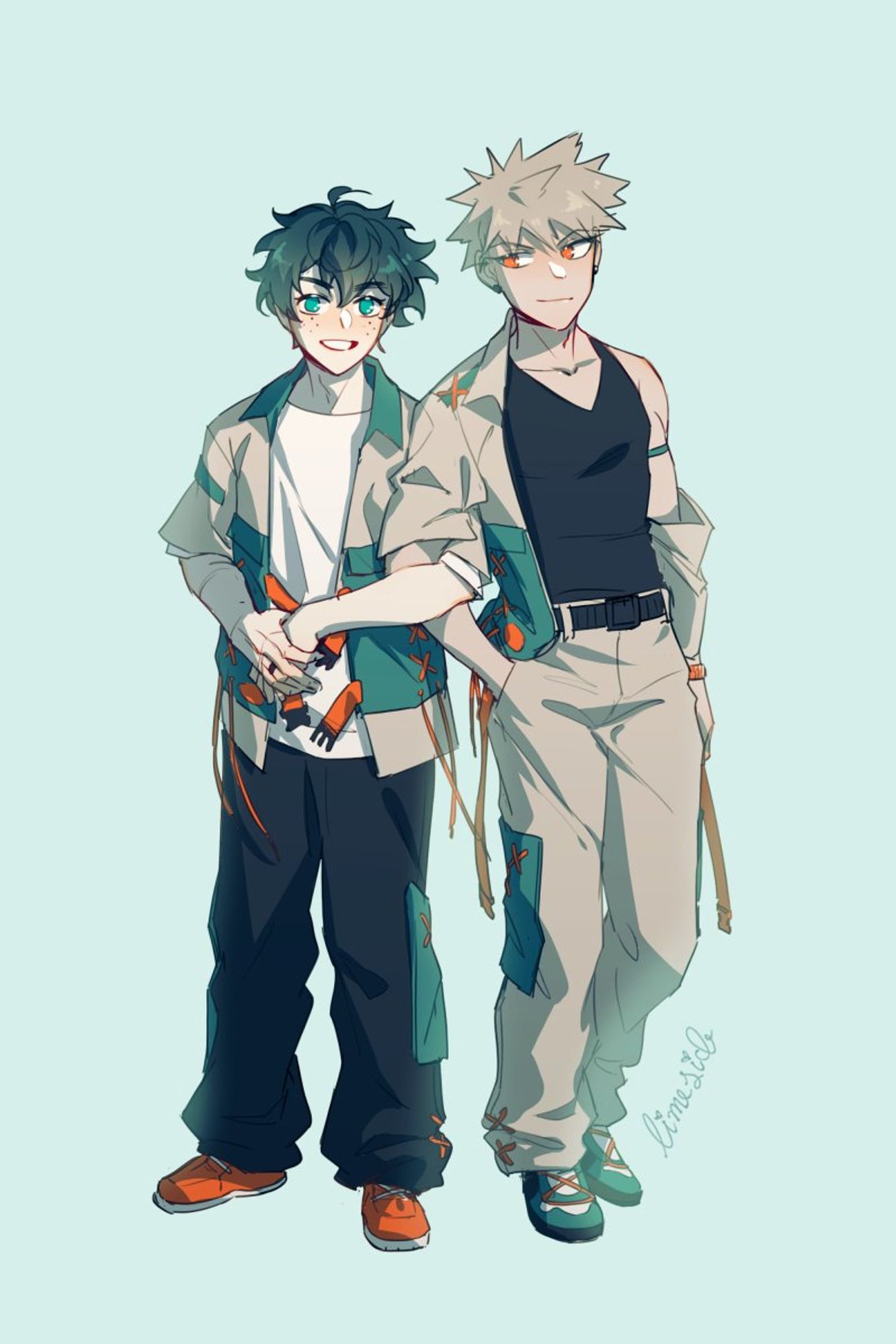 bakudeku standing arm in arm in coordinated outfits