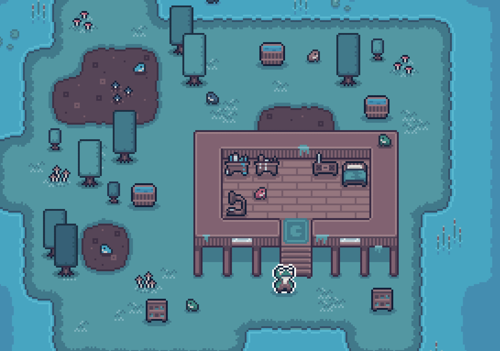 pixel art game screenshot. A frog character on a small swamp island near a little base. Mushrooms and smaller frogs are all around the swamps.