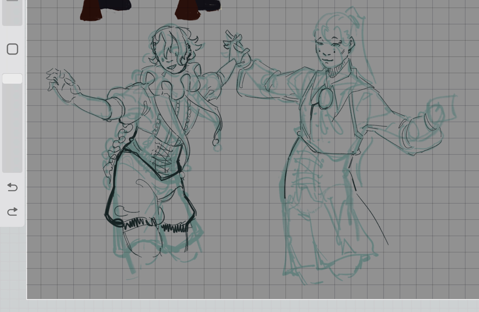 sketch of two original characters dancing, dressed like classic a jester and performer respectively 