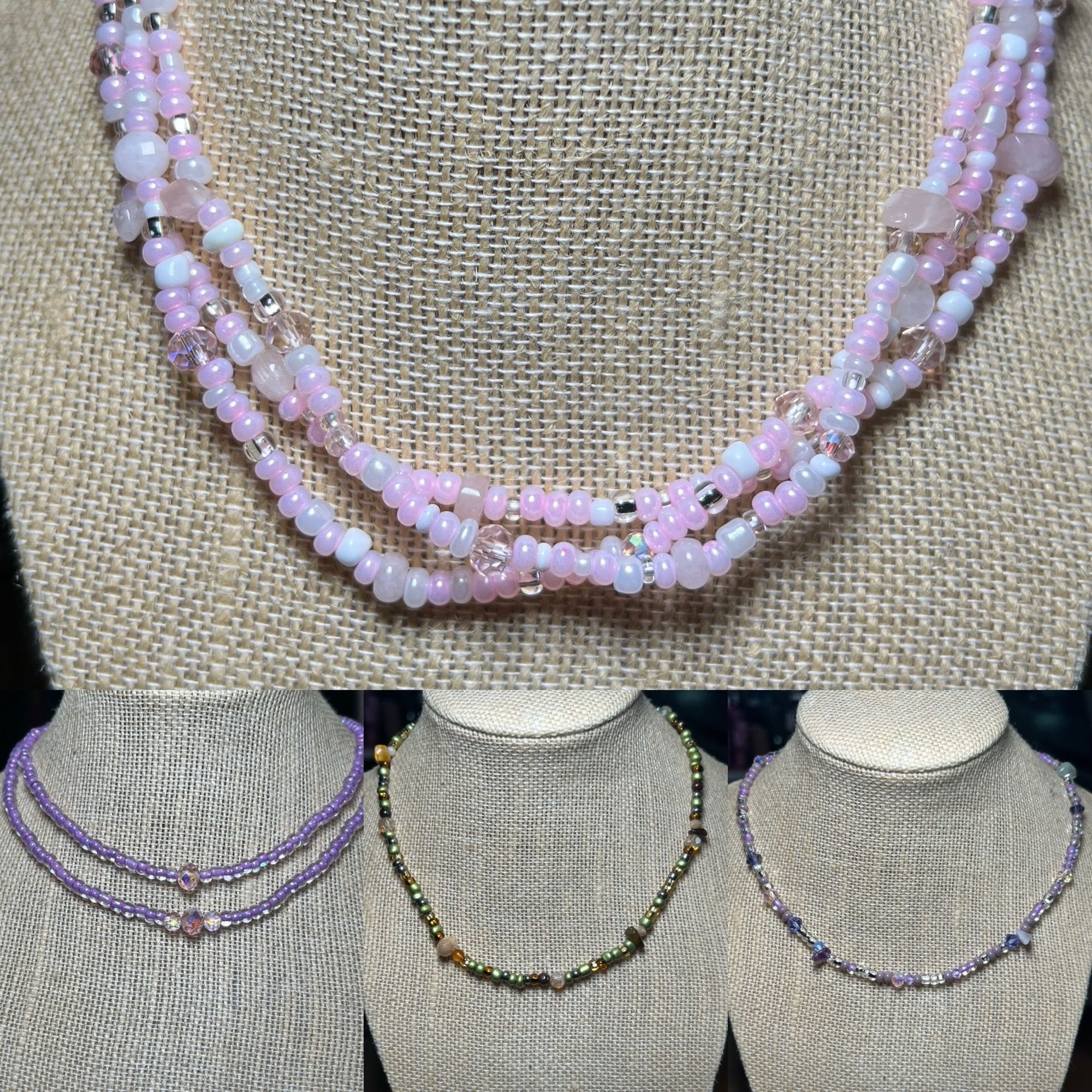 Top elastic choker Ms are soft pink with pearlescent white beads & rose Quartz. Bottom left is a double purple with center glass bead, middle is pearlescent green and tans with tigers eye and tan glass beads. Last are clear, purple, and blue beads with lapis and glass beads