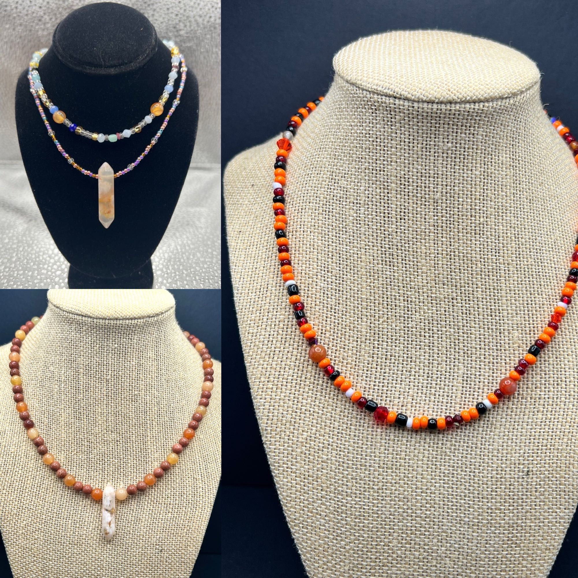 3 image collage of beaded chokers with orange and reddish tones