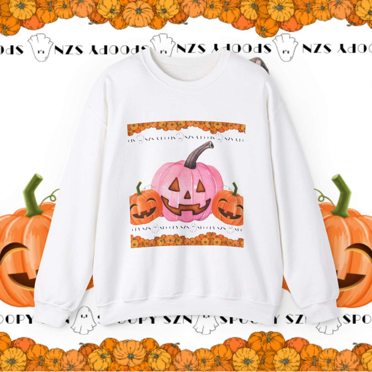 A white sweatshirt with orange & pink pumpkins & says “spoopy Szn” on top & bottom