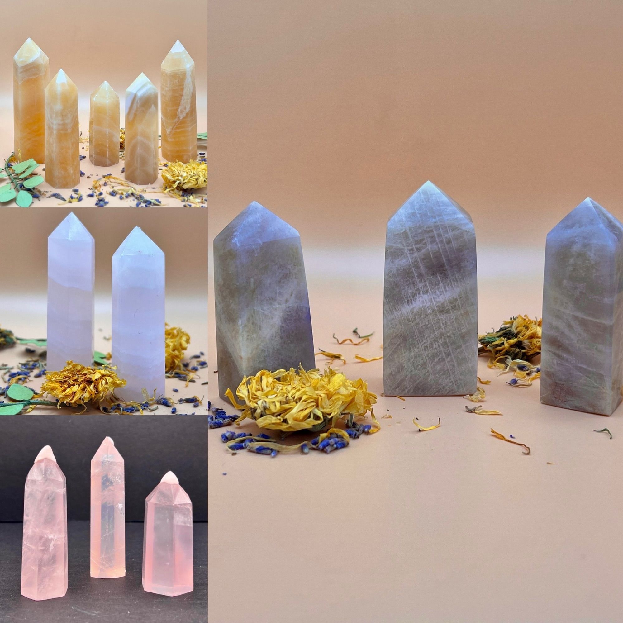 A college of crystal towers, too
Left are orange calcite with white bands. Middle is pink calcite with softer white bands, bottom are very see through high quality rose Quartz. On the right are blue-ish grey Belomorite which is moonstone with sunstone