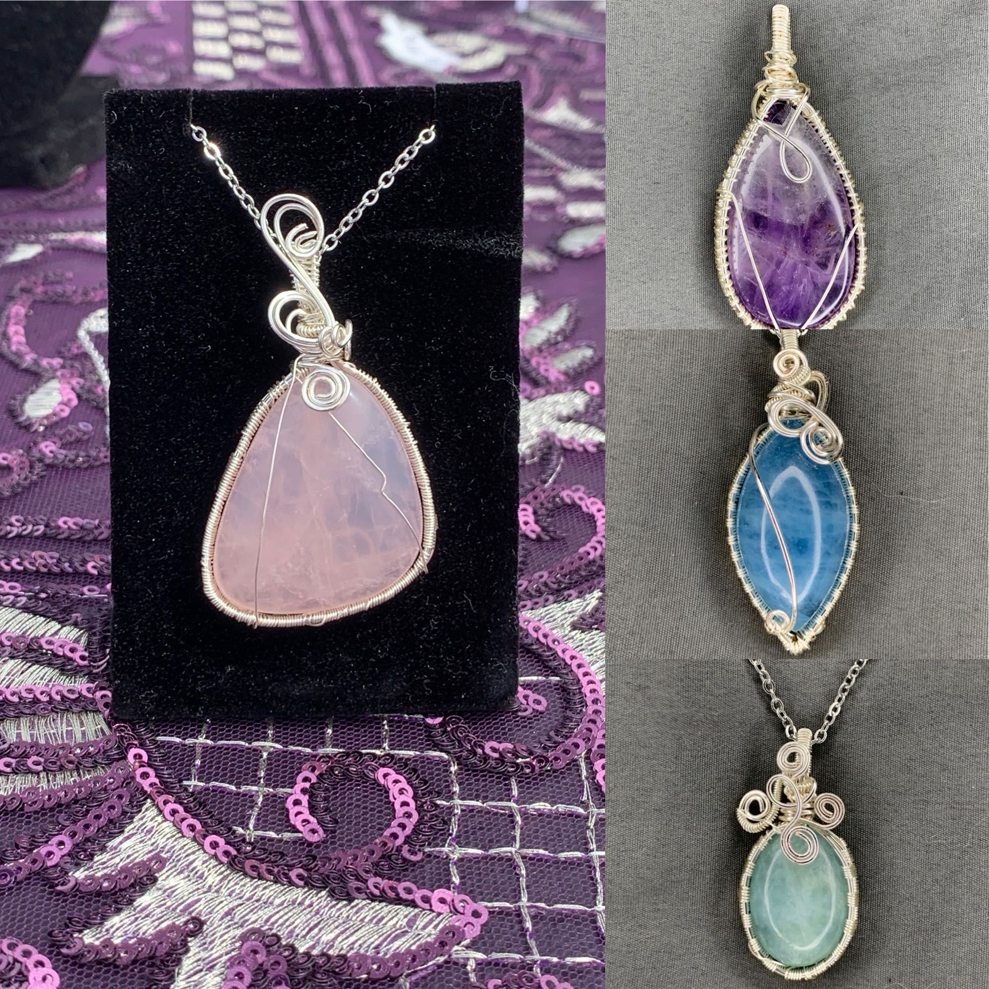 A photo collage of 4 pendants. On the left is a pink obtuse shaped gemmy rose Quartz wrapped in silver, showcased in a black jewelry display standing on a purple lace table cloths. On the right are 3 pendants displayed in a grey background. The top is a Medium Chevron amethyst tear drop roses in silver. Middle is a very deep blue Aquamarine cat eye shaped also wrapped in silver. Bottom is a more greenish Aquamarine round small wrapped in silver