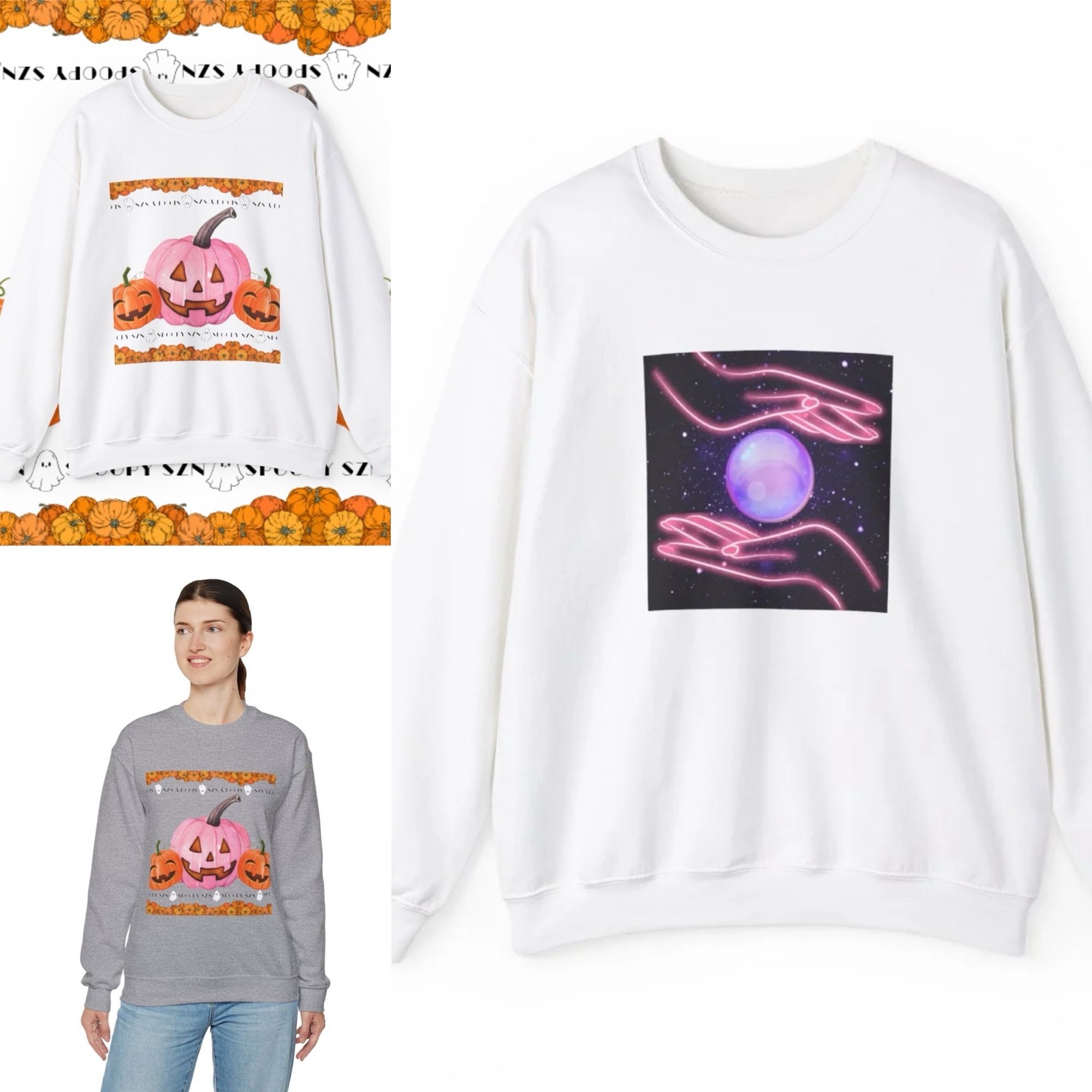 On the left top is a white sweater with smiling jack-o’-lantern, bottom is a grey sweater with smiling jack-o’-lanterns. The right is a white sweater with a galaxy graphic with glowing pink hands & a crystal ball