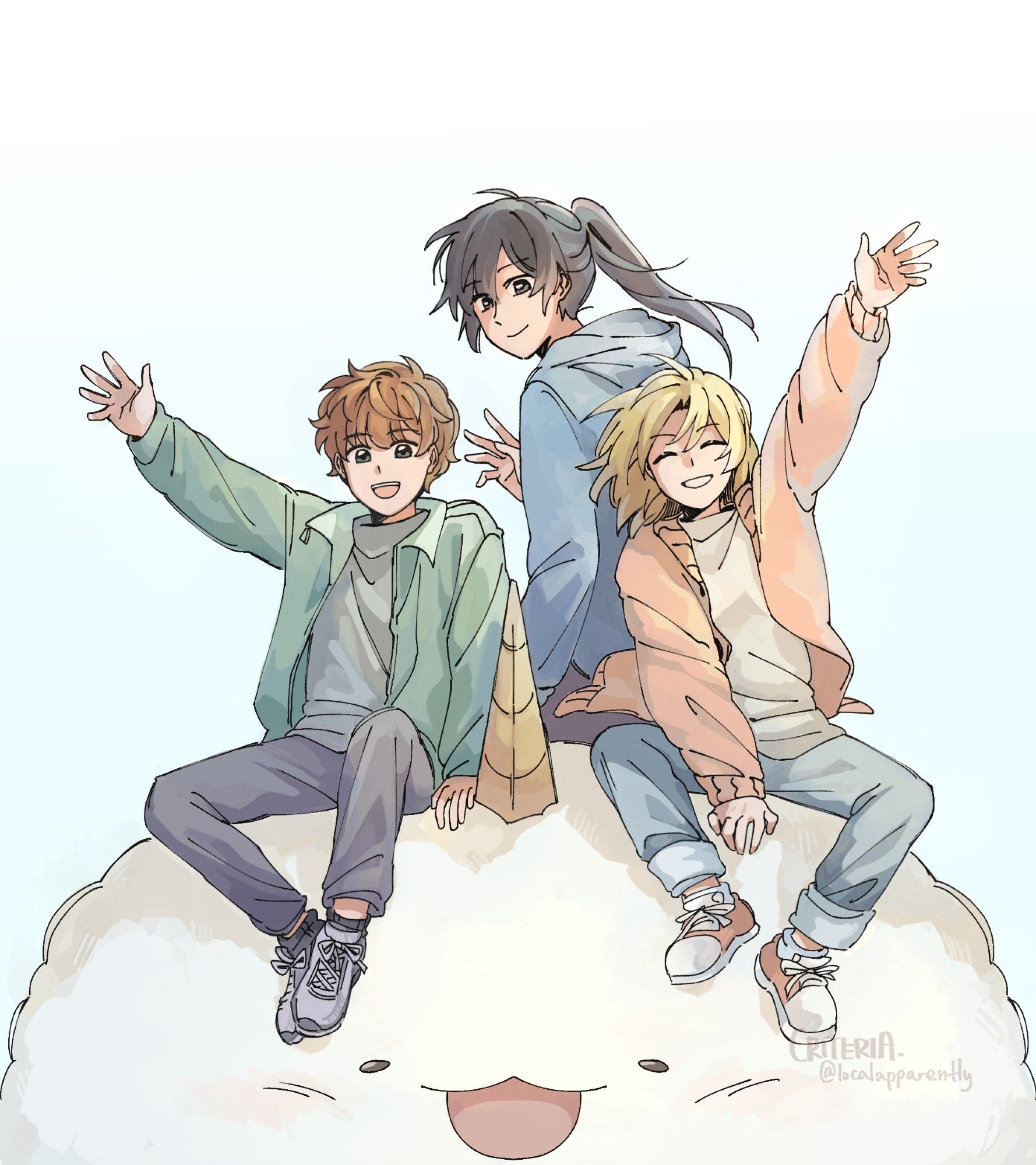 A colored artwork of characters from Omniscient Reader's Viewpoint. Lee Gilyoung, Lee Jihye, and Shin Yoosung sit atop the head of a large fluffy Biyoo. All three are waving at the viewer happily.